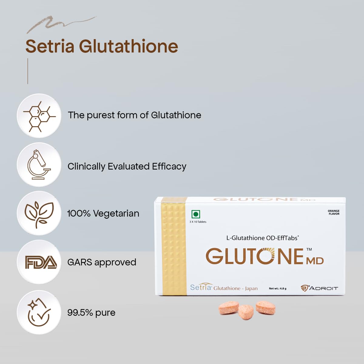 Glutone MD – Glutathione Mouth-Dissolving Tablets| Made with Setria L-Glutathione (Japan) 100mg| Radiant Glow & Even Skin Tone| Pack of 30 Tablets
