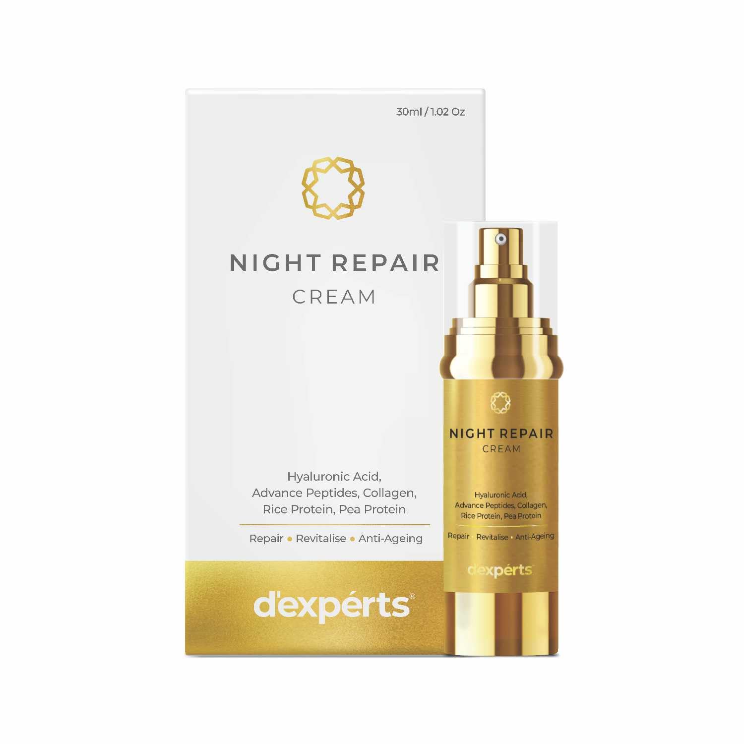 d'experts Night Repair Cream with Hyaluronic Acid, Collagen, Peptides, Rice & Pea Protein | Reduces Fine Lines, Wrinkles & Dark Spots | Provides Even Skin Tone |For Men & Women 30ml