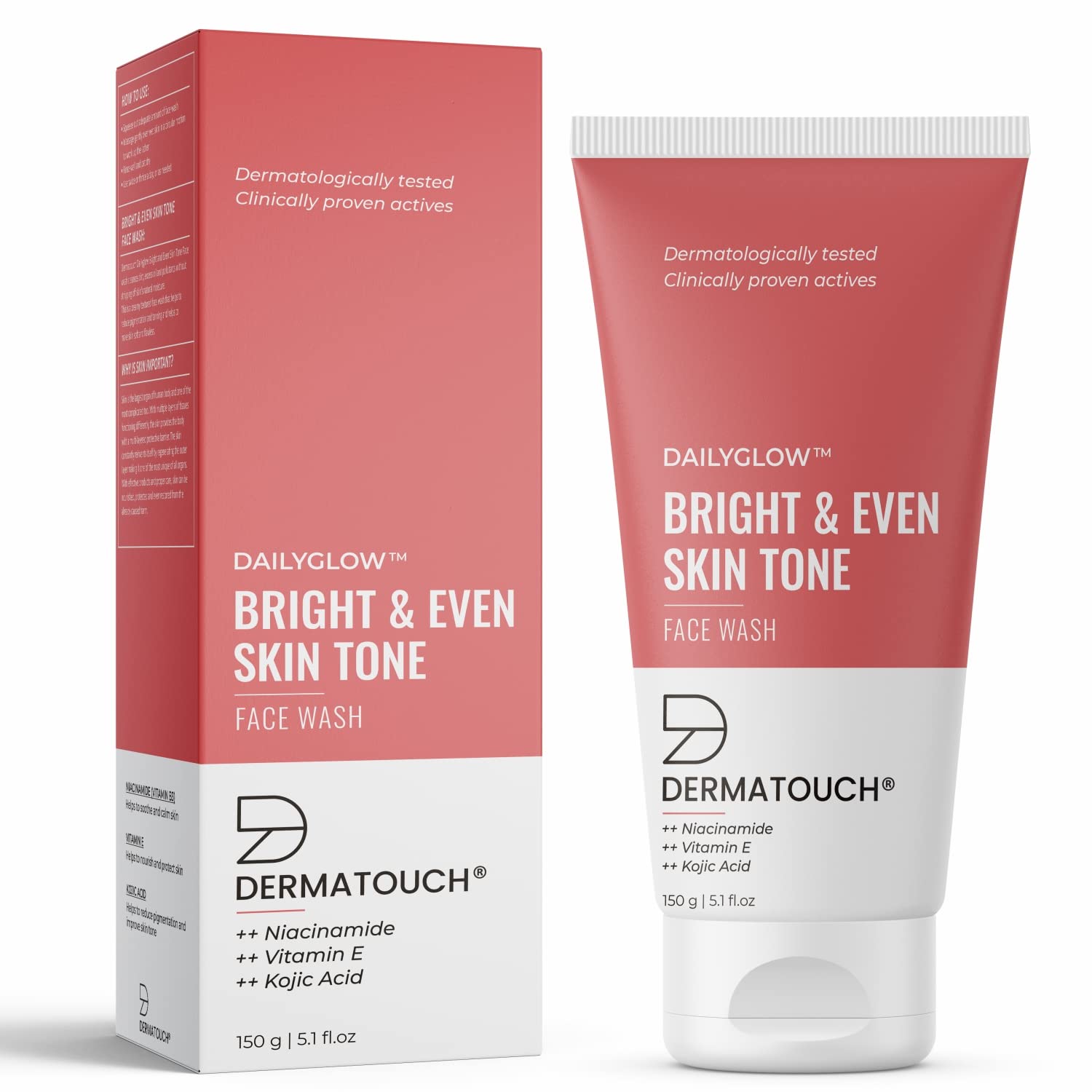 DERMATOUCH Bright & Even Tone Face Wash with Niacinamide, Vitamin E and Kojic Acid | Daily Gentle Face Cleanser For Tan, Pigmentation, Uneven Tone