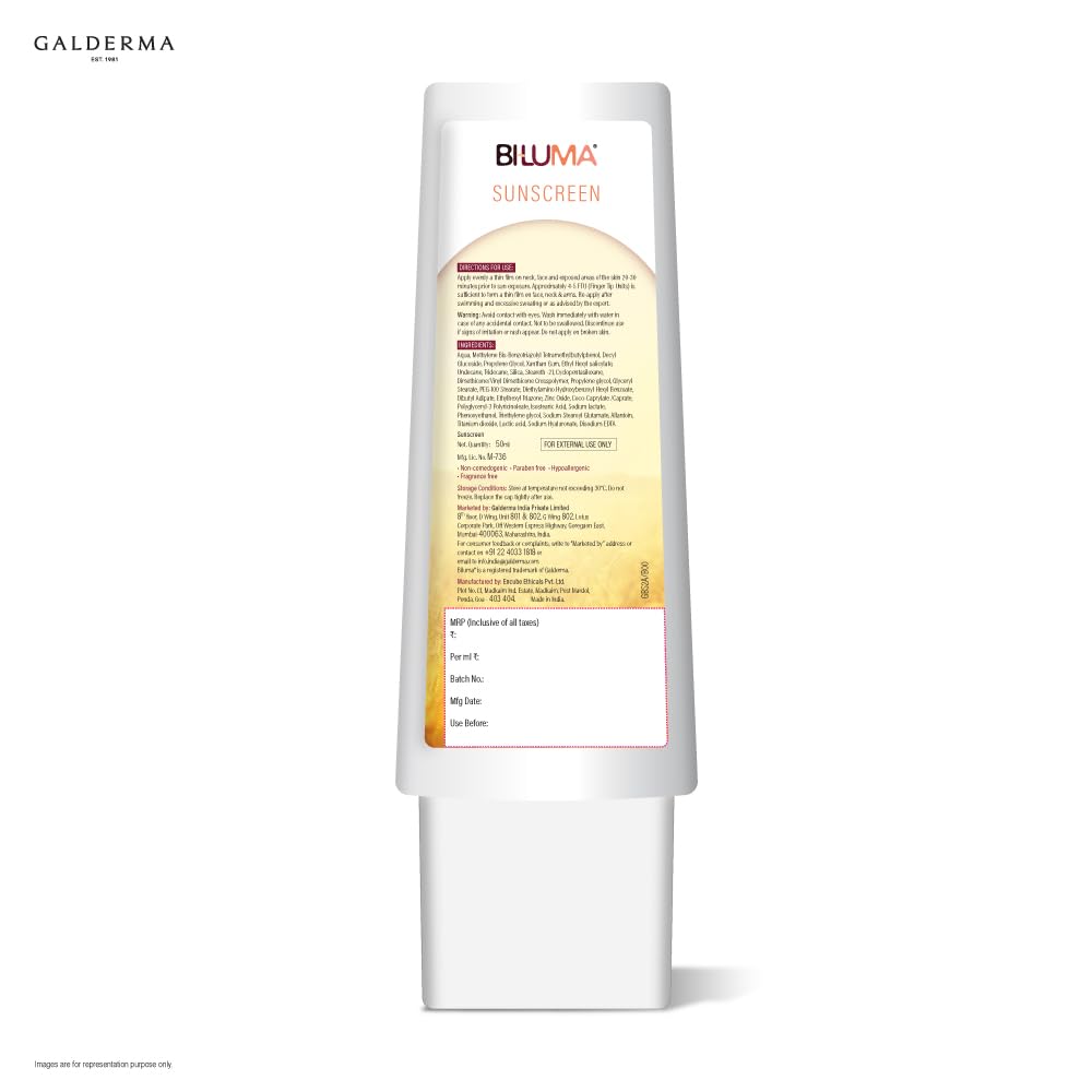 Biluma Sunscreen | SPF 50+ & Pa++++| Brightening & Hydrating Sunscreen | Dermatologically Tested | UVA,UVB,Visible Light, Blue Light & Pollution | Oily, Dry, Sensitive & Combination Skin, 50ml - Skiynse Dermatologique
