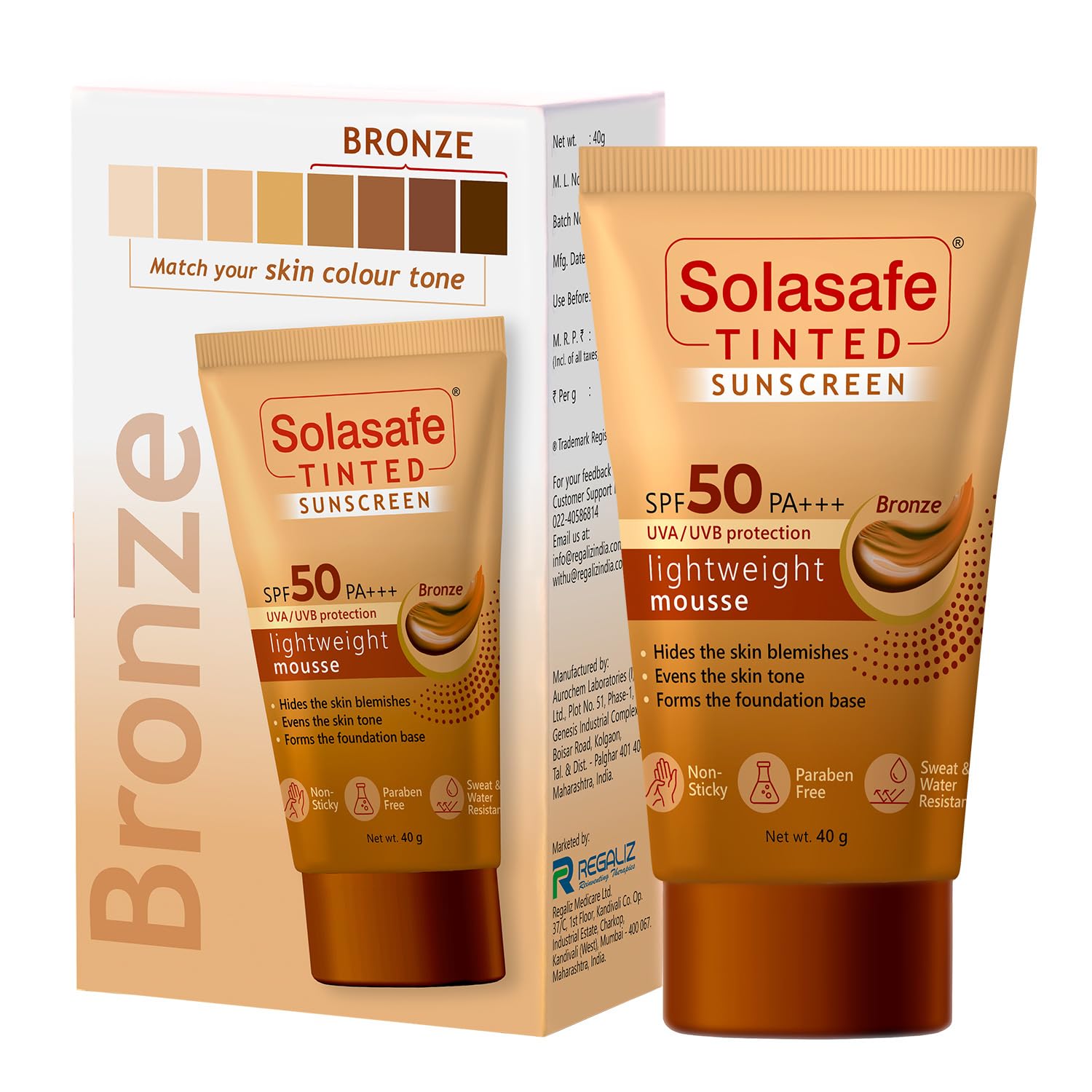 Regaliz Solasafe Tinted Sunscreen SPF 50 | Broad Spectrum Sun Protection & Skin Tone Corrector | Lightweight Formula | Suitable for All Skin Types | - Skiynse Dermatologique