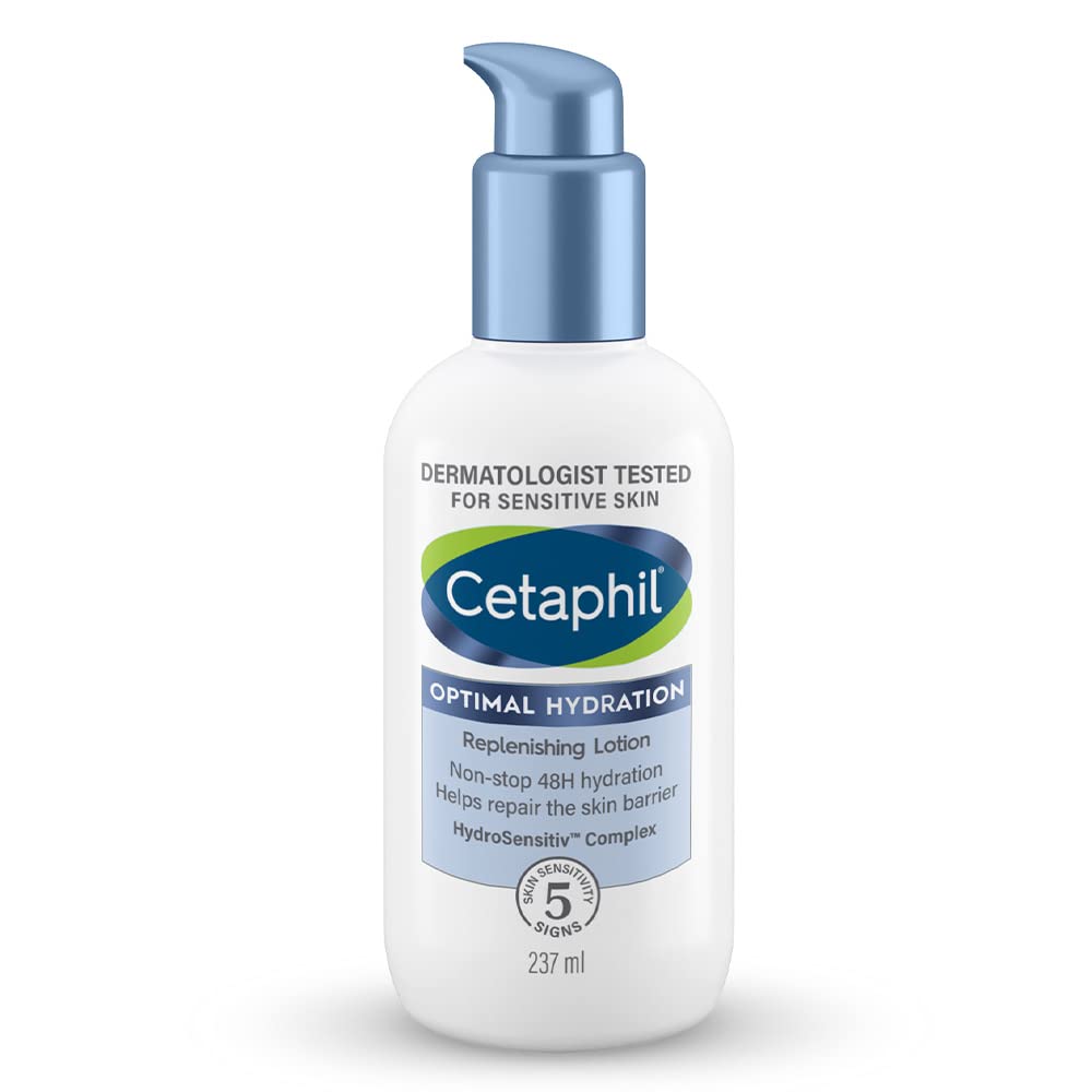 Cetaphil Optimal Hydration Replenishing Body Lotion, 237ml | Lightweight moisturizer & non-greasy | Hyaluronic Acid, Sunflower Oil, Blue Daisy extract | Dermatologist Recommended for Sensitive Skin