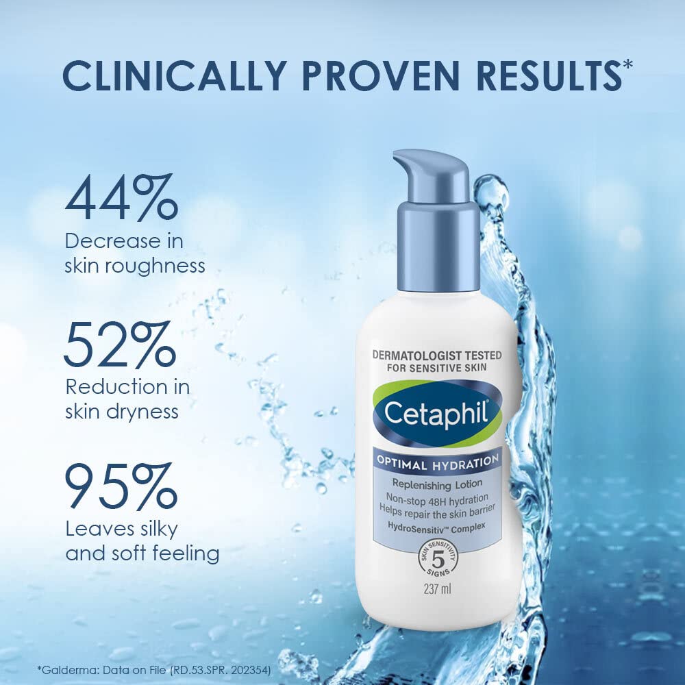 Cetaphil Optimal Hydration Replenishing Body Lotion, 237ml | Lightweight moisturizer & non-greasy | Hyaluronic Acid, Sunflower Oil, Blue Daisy extract | Dermatologist Recommended for Sensitive Skin