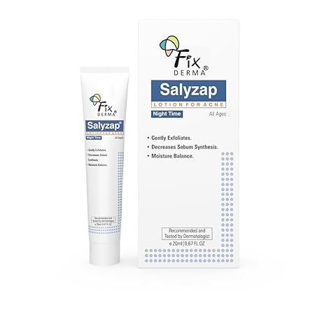 Fixderma Salyzap Lotion Night time, with Salicylic Acid Helps in Moisture Balance, For acne scars, pimples, Unclogs pores, Exfoliator, Soothes redness, Suitable for Oily and Acne-Prone skin, 20ml ( Pack of 2 )