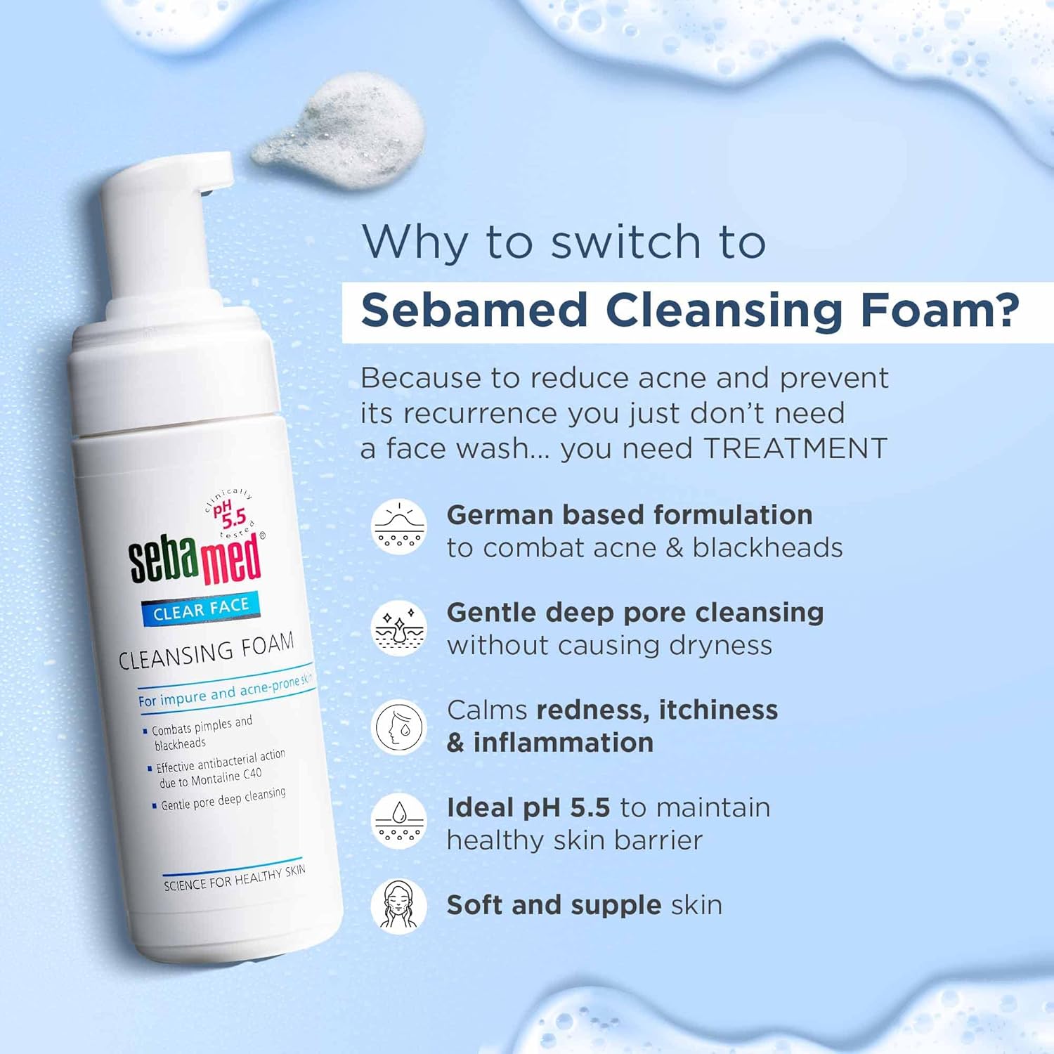 Sebamed Clear Face Cleansing Foam for Acne prone Skin I pH 5.5 I Gentle, Effective hydrating cleanser for pimples | Face wash |men & womenl Oil Free l Clinically proven l Toxin free