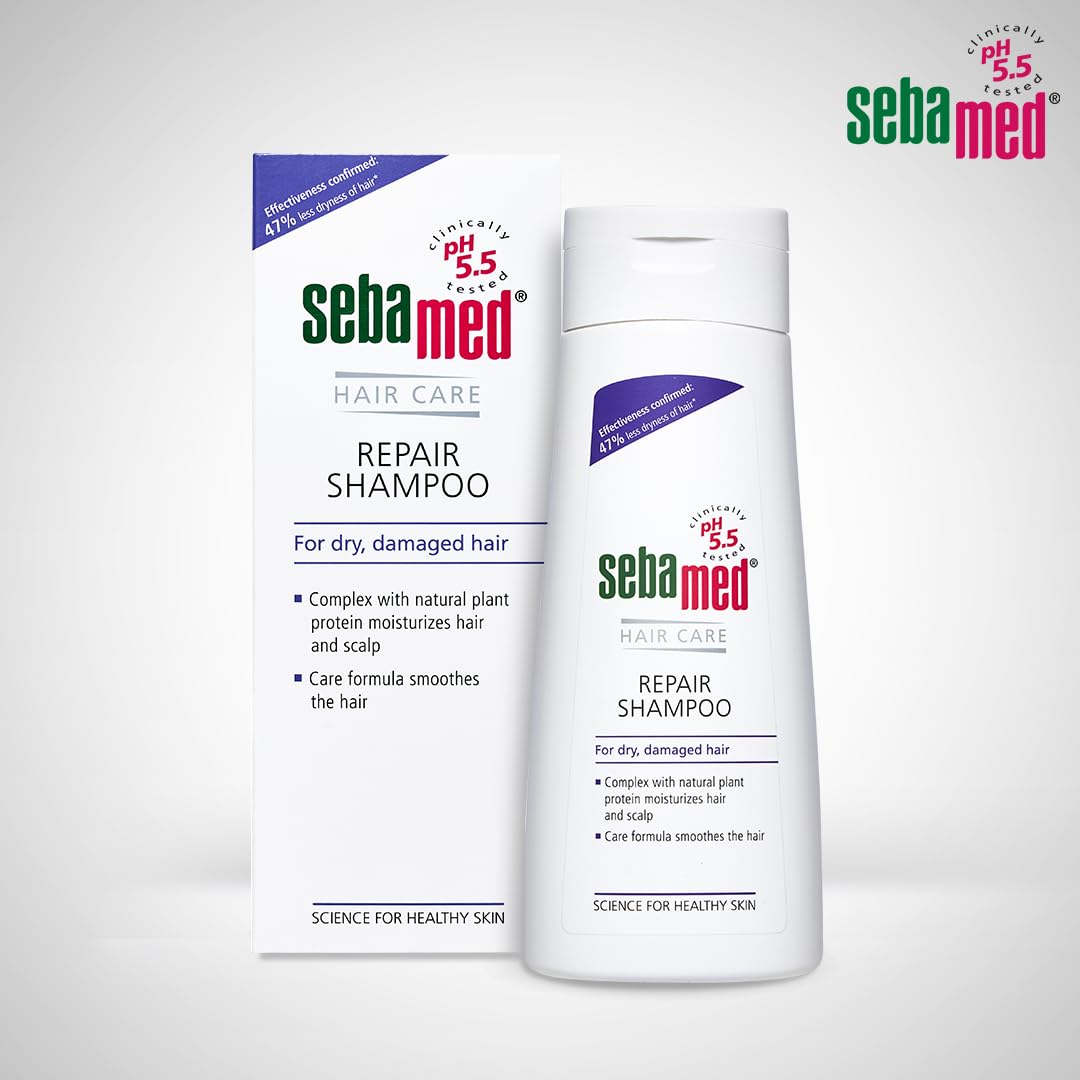 Sebamed Hair Repair Shampoo | pH5.5 I 47% less hair-dryness confirmed | Plant protein moisturises dry, damaged hair & scalp | Dermatologically & clinically tested | SLS & parabens free | 200 ml