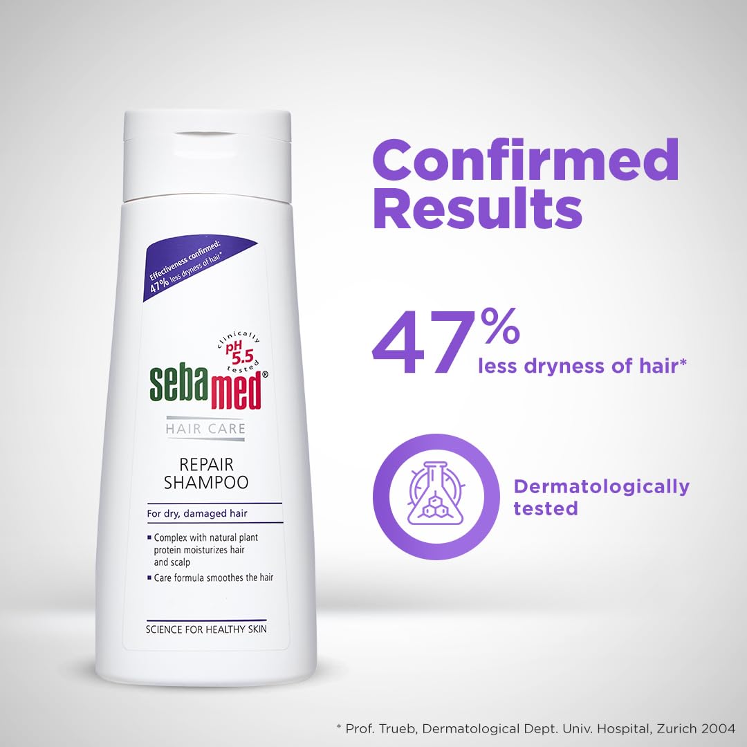 Sebamed Hair Repair Shampoo | pH5.5 I 47% less hair-dryness confirmed | Plant protein moisturises dry, damaged hair & scalp | Dermatologically & clinically tested | SLS & parabens free | 200 ml