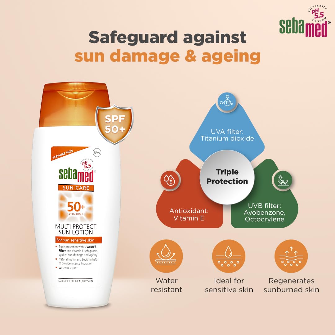 Sebamed Multi Protect Sun lotion SPF 50, 150 ml I UVA/UVB Protection filter I Water resistant sunscreen with pH 5.5 I Vitamin E I men & women I Suitable for children I Clinically tested