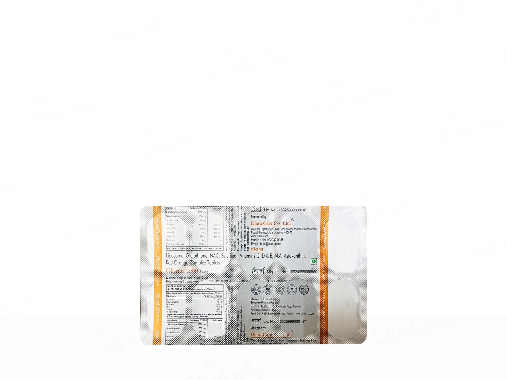Diara Gloren 1000 Liposomal Glutathione Nutraceutical Tablet - Skiynse Dermatologique