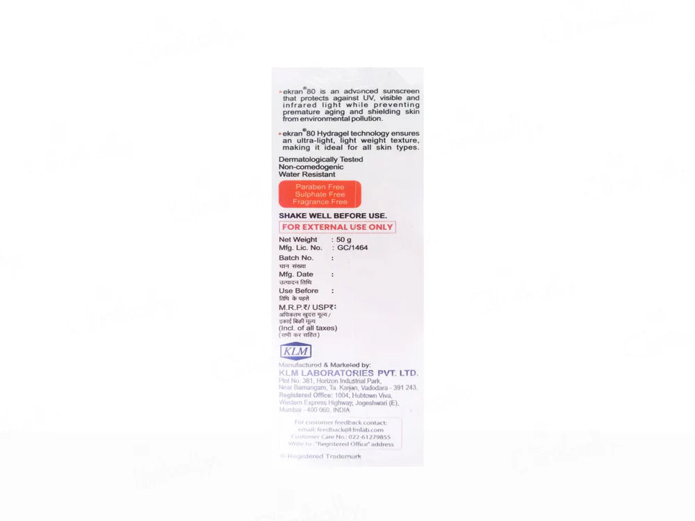 Ekran 80 Hydragel Blue Light Sunscreen SPF 80+ PA++++ - Skiynse Dermatologique