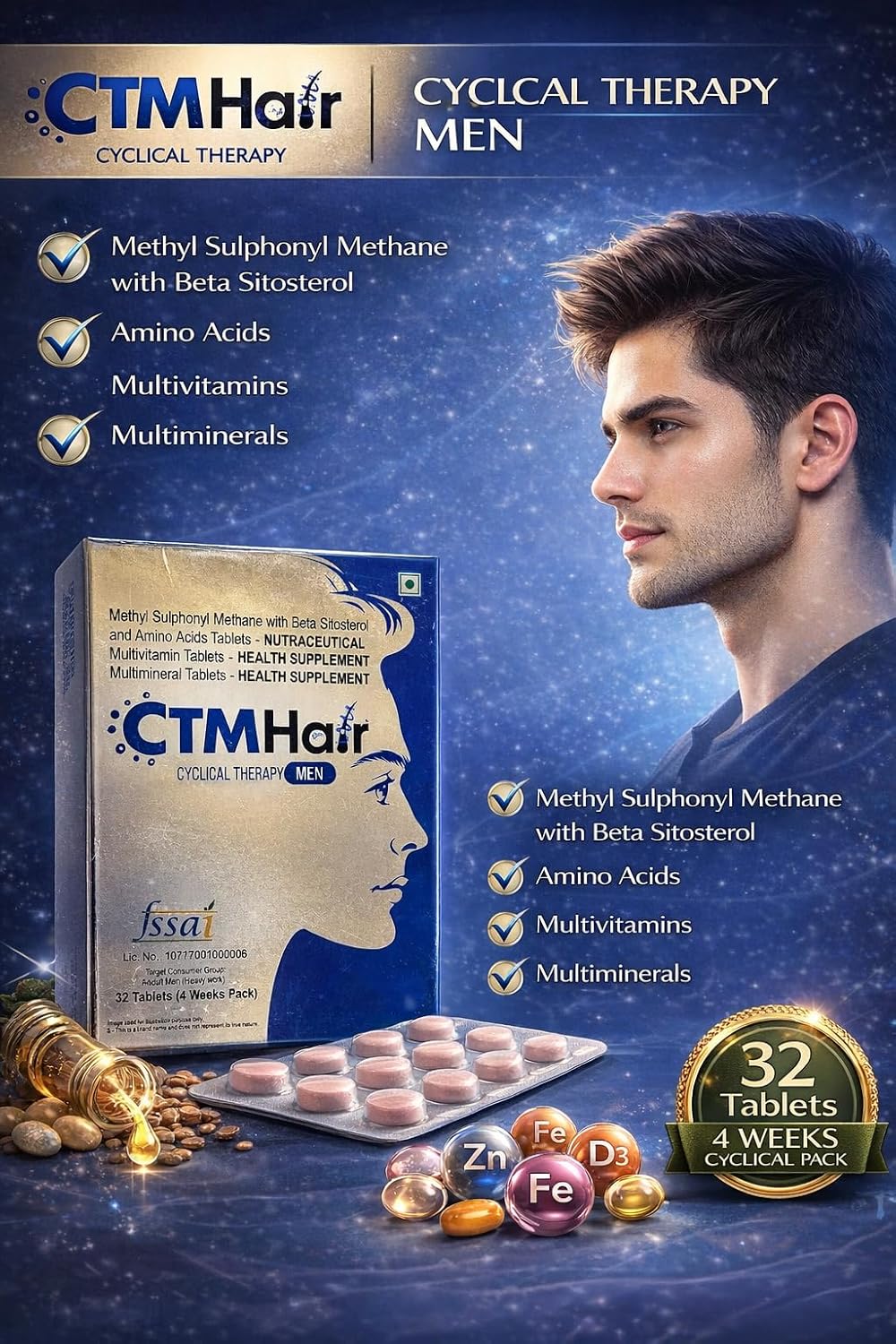 CTM Hair Cyclical Therapy for Men – Hair Growth Nutraceutical Tablets with MSM, Beta Sitosterol & Amino Acids | Multivitamin & Multimineral Supplement | 32 Tablets (4 Weeks Pack) (Men)