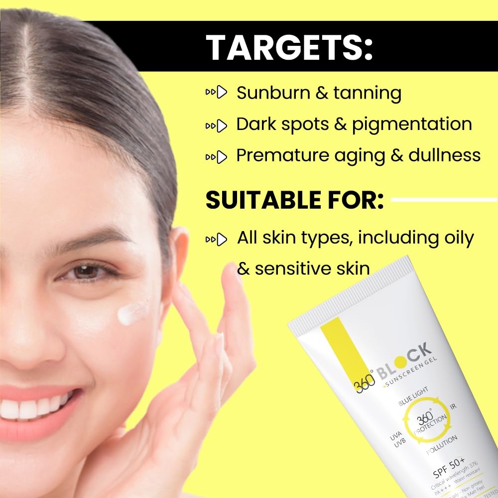 360 Block Sunscreen Gel SPF 50+ - Protects From UVA, UVB, Infra-Red Radiation (IR), Blue Light & Atmospheric Pollutants | 50g - Skiynse Dermatologique