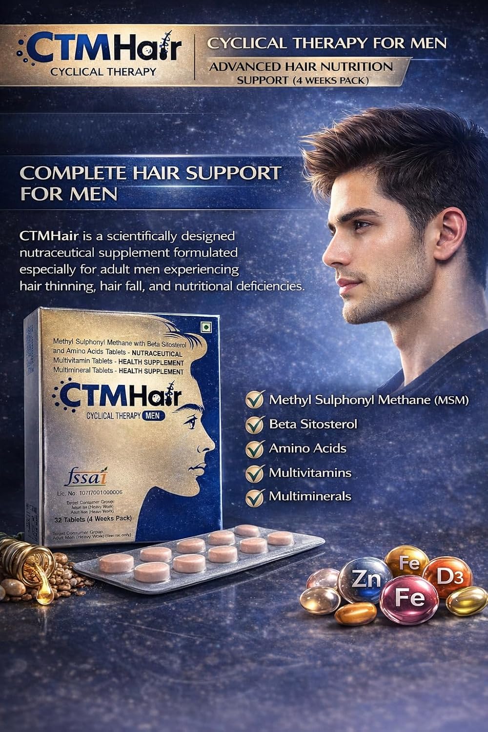 CTM Hair Cyclical Therapy for Men – Hair Growth Nutraceutical Tablets with MSM, Beta Sitosterol & Amino Acids | Multivitamin & Multimineral Supplement | 32 Tablets (4 Weeks Pack) (Men)