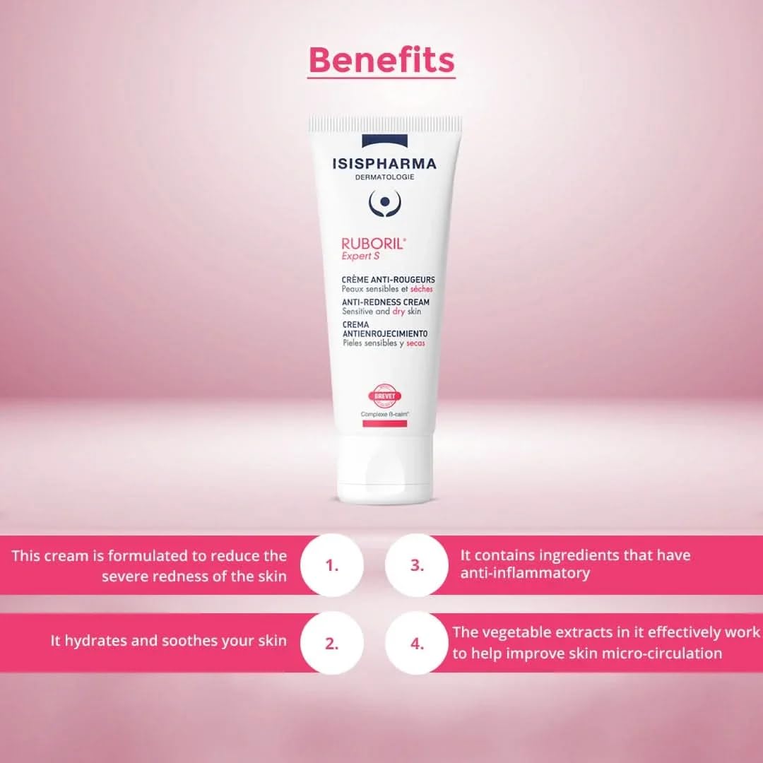 Isispharma Ruboril Expert S Moisturizer Cream | Anti-Redness Cream for Sensitive and dry skin | Soothing Face Moisturizer for Redness-Prone & Irritated Skin | 40ml