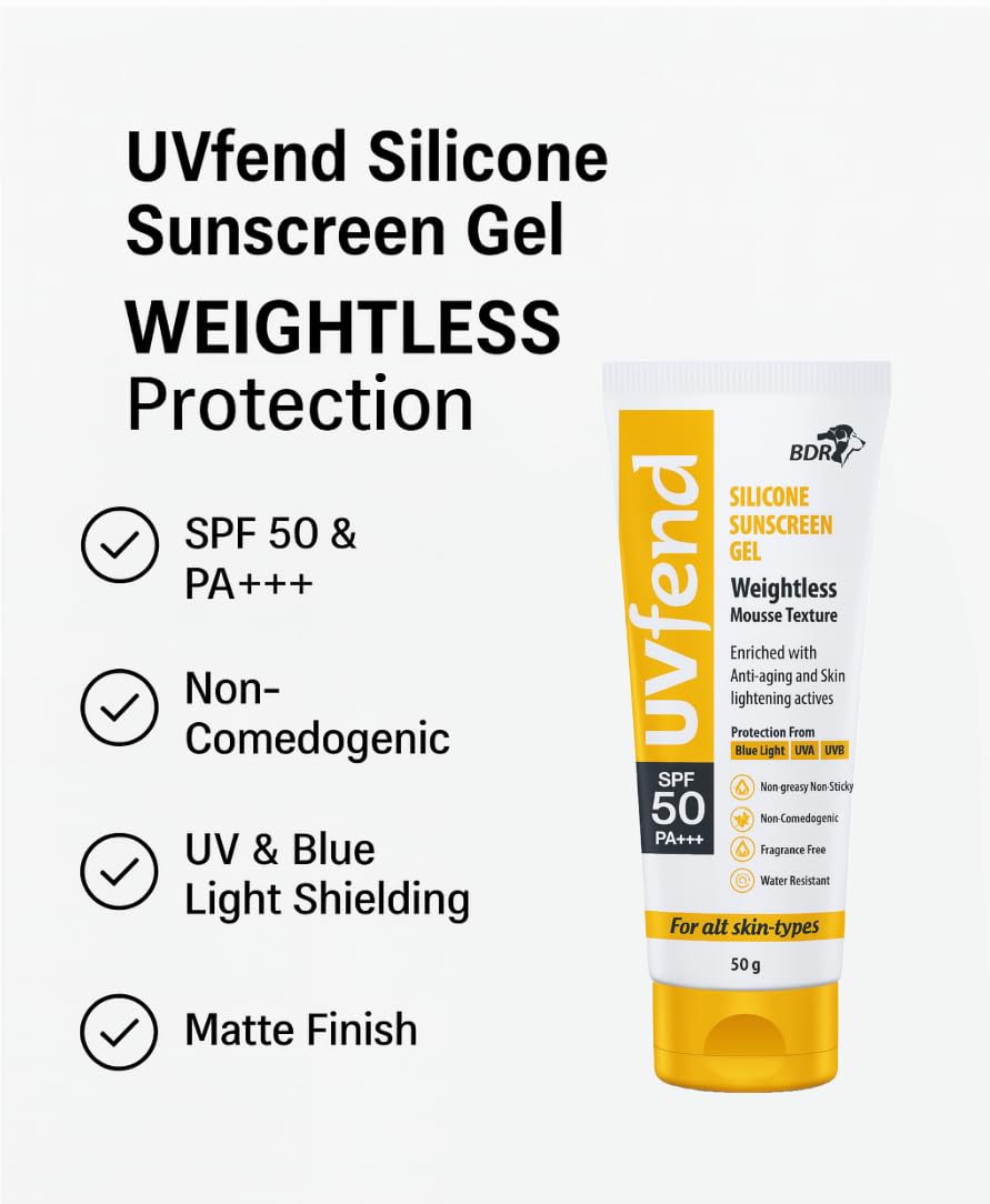 Uvfend Silicone Sunscreen Gel SPF 50 PA+++ | Weightless Mousse Texture | Anti-Aging & Skin Lightening | Blue Light, UVA & UVB Protection | 50g