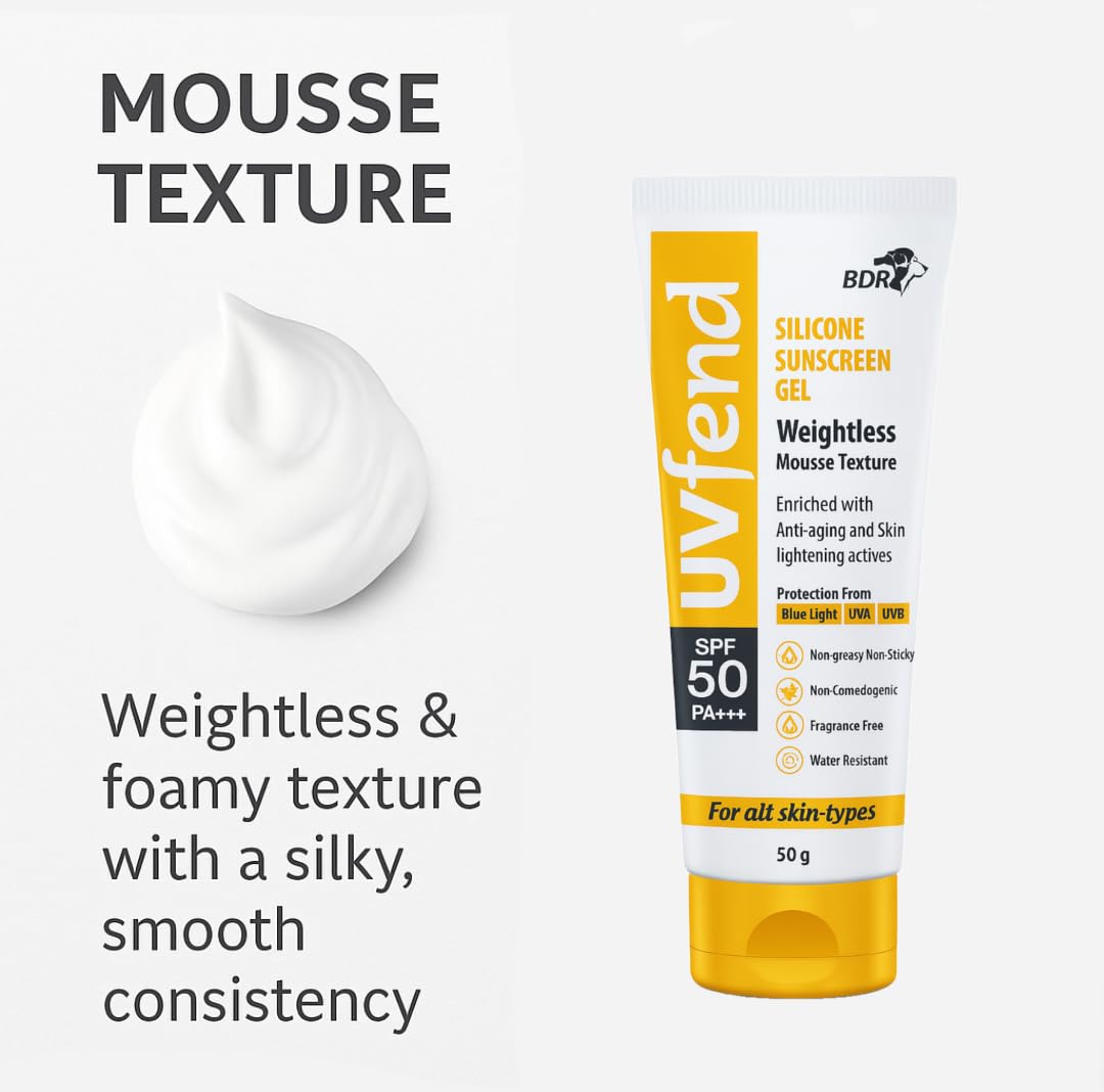 Uvfend Silicone Sunscreen Gel SPF 50 PA+++ | Weightless Mousse Texture | Anti-Aging & Skin Lightening | Blue Light, UVA & UVB Protection | 50g