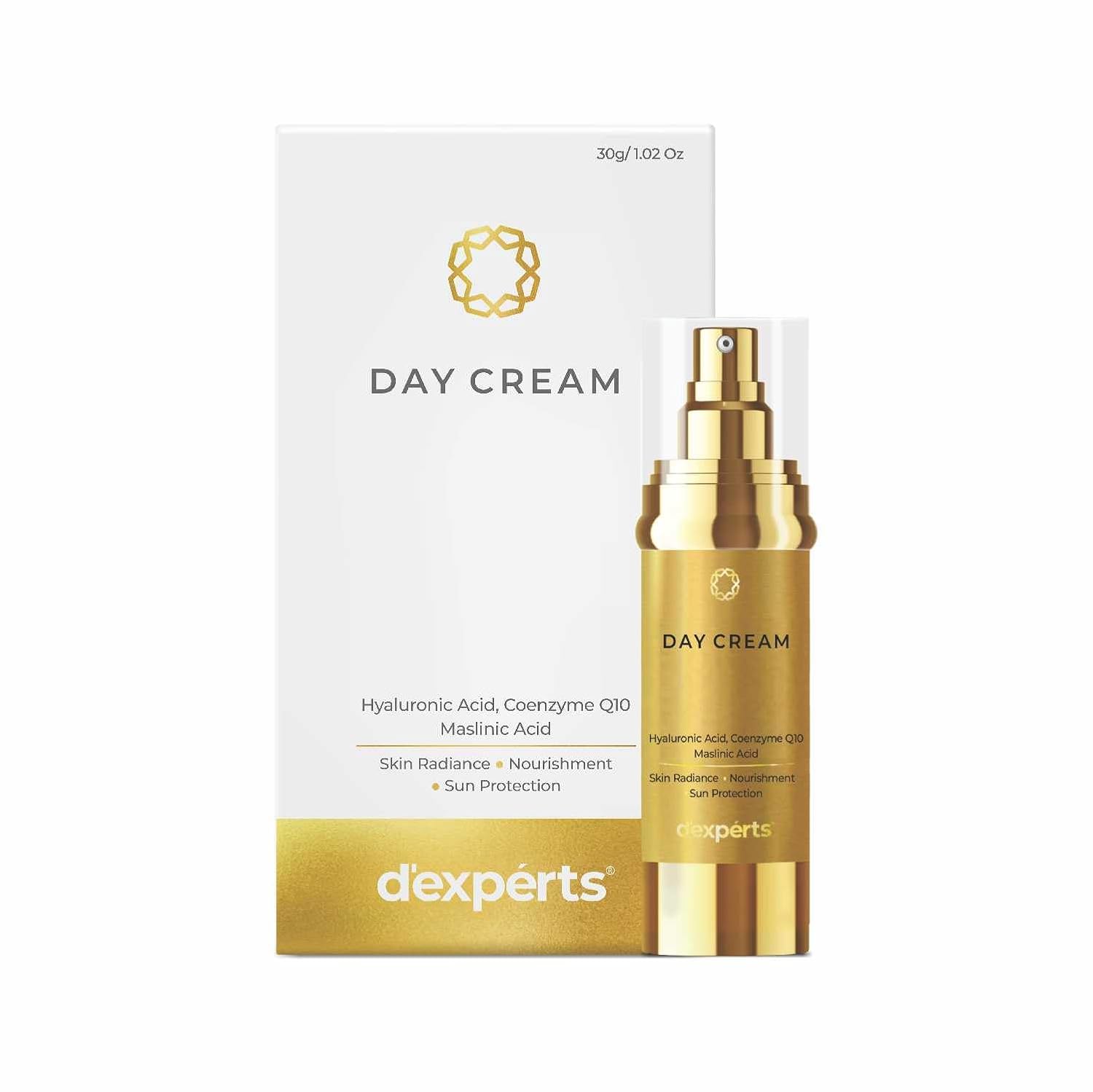d'experts Day Cream With Hyaluronic Acid, Coenzyme Q10 & Maslinic Acid for Reduces Dark Spots & Pigmentation, Helps in Sun Protection, Skin Radiance & Nourishment for All Skin Types 30g