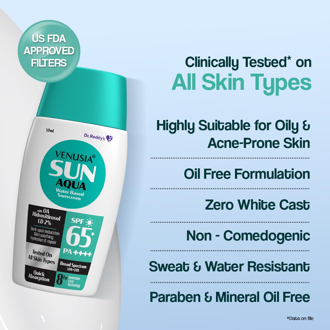 Venusia Sun Water Based Sunscreen SPF 65 : Broad Spectrum Protection : Powered by Antioxidants : Ultra-Light, Non-Sticky and Hydrating : Anti-Pigmentation : For Oily, Acne-Prone Skin : 50g