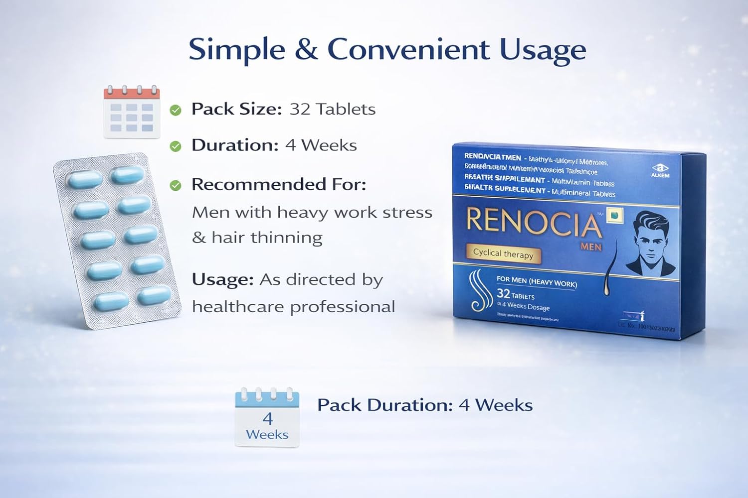 Renocia Men Cyclical Therapy Tablets for Hair Health & Nutritional Support – Nutraceutical Formula with MSM, Beta Sitosterol, Amino Acids, Multivitamins & Multiminerals – 32 Tablets (4 Weeks Dosage) (For Men) - Skiynse Dermatologique