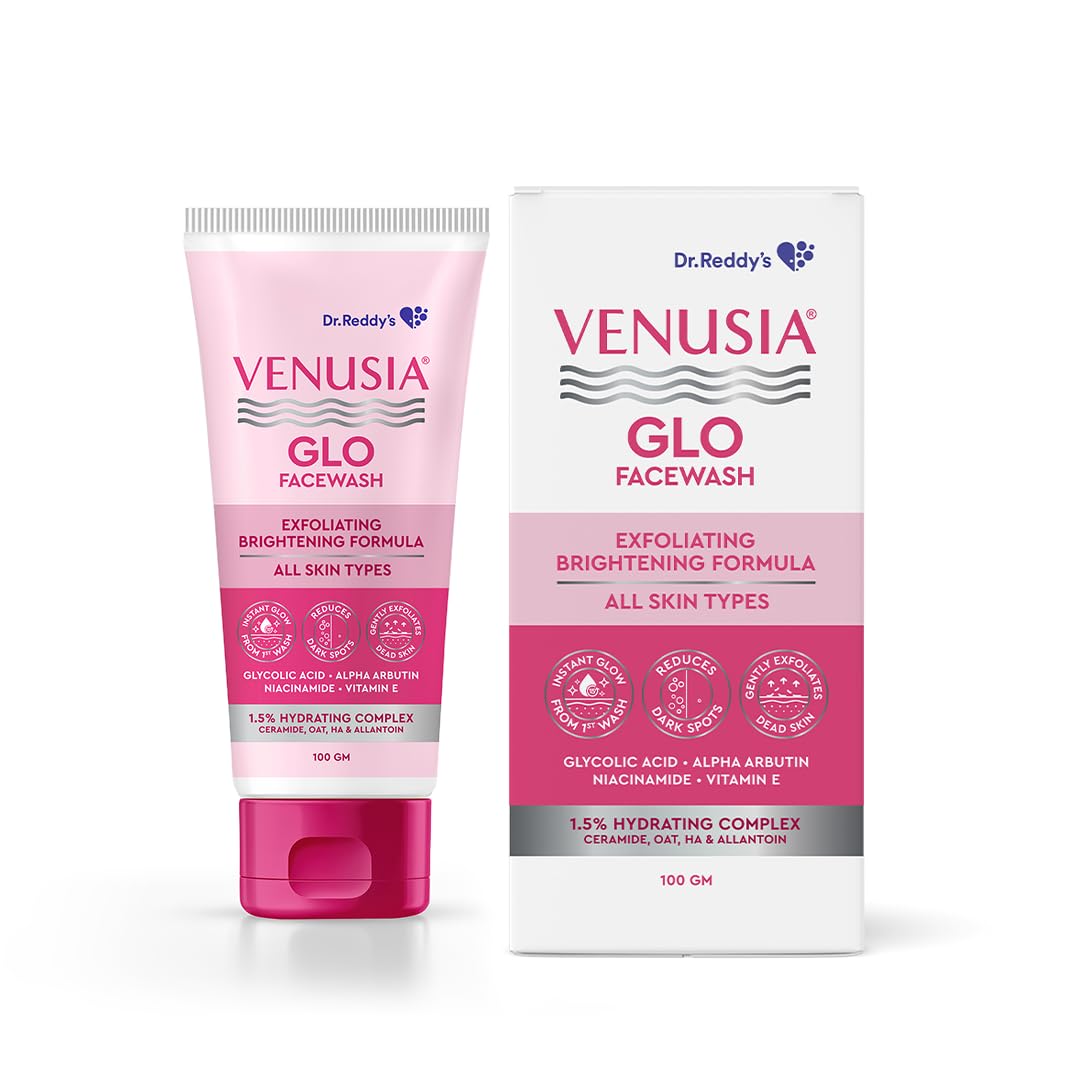 Venusia Glo Facewash | Exfoliating & Brightening Formula | Reduces Dark Spots & Gives Instant Glow from 1st wash | Enriched with Glycolic Acid, Alpha Arbutin, Niacinamide, Vitamin E, Ceramides - Oats - HA complex | All Skin Type | 100g ( Pack of 2 )