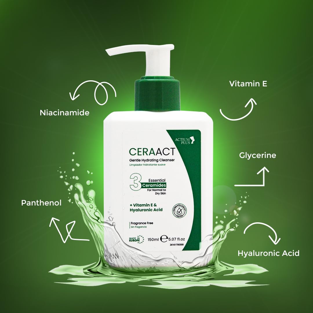 Actium Plus CERAACT Gentle Hydrating Cleanser For Normal To Dry Skin - Vitamin E & Hyaluronic Acid | Fragrance-Free Cleanser 150ml