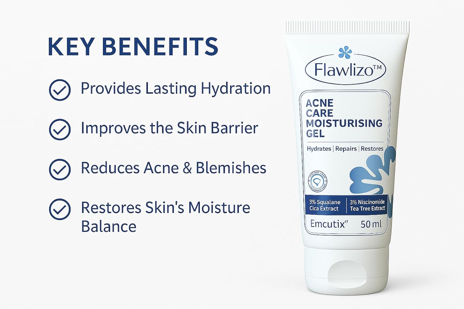 Flawlizo Acne Care Moisturising Gel with 2% Squalane, 3% Niacinamide, Hydrating & Oil-Control Formula, Repairs Skin Barrier Reduces Redness & Acne, For Acne prone Skin, (Pack of 2)