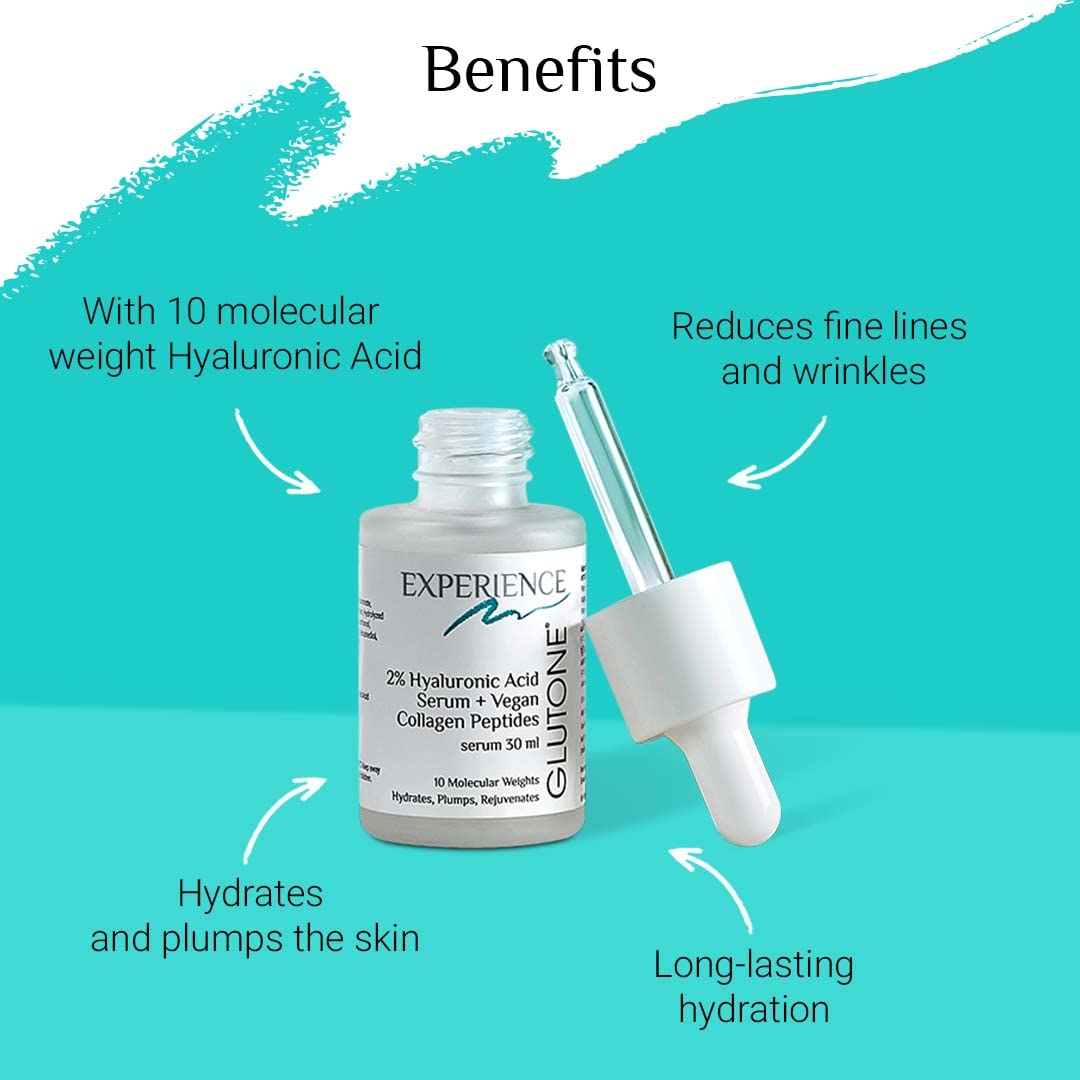 Glutone 2% Hyaluronic Acid Serum with Vegan collagen peptide |10 molecular weight Hyaluronic Acid for Intense Hydration | for Anti Ageing, Glowing & Plump skin | Reduced Fine lines & wrinkles | 30ml