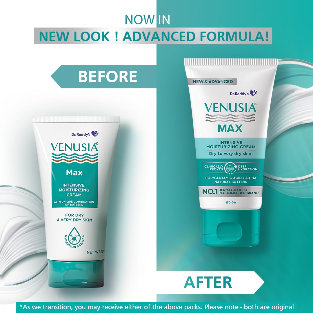 Venusia Max Intensive Moisturizing Cream | Enriched with 4D Hyaluronic Acid & Polyglutamic Acid | Clinically Proven Deep Penetration for Long lasting hydration | For Face & Body |No.1 Dermatologist Recommended Brand | Dry to Very Dry Skin | 150 g