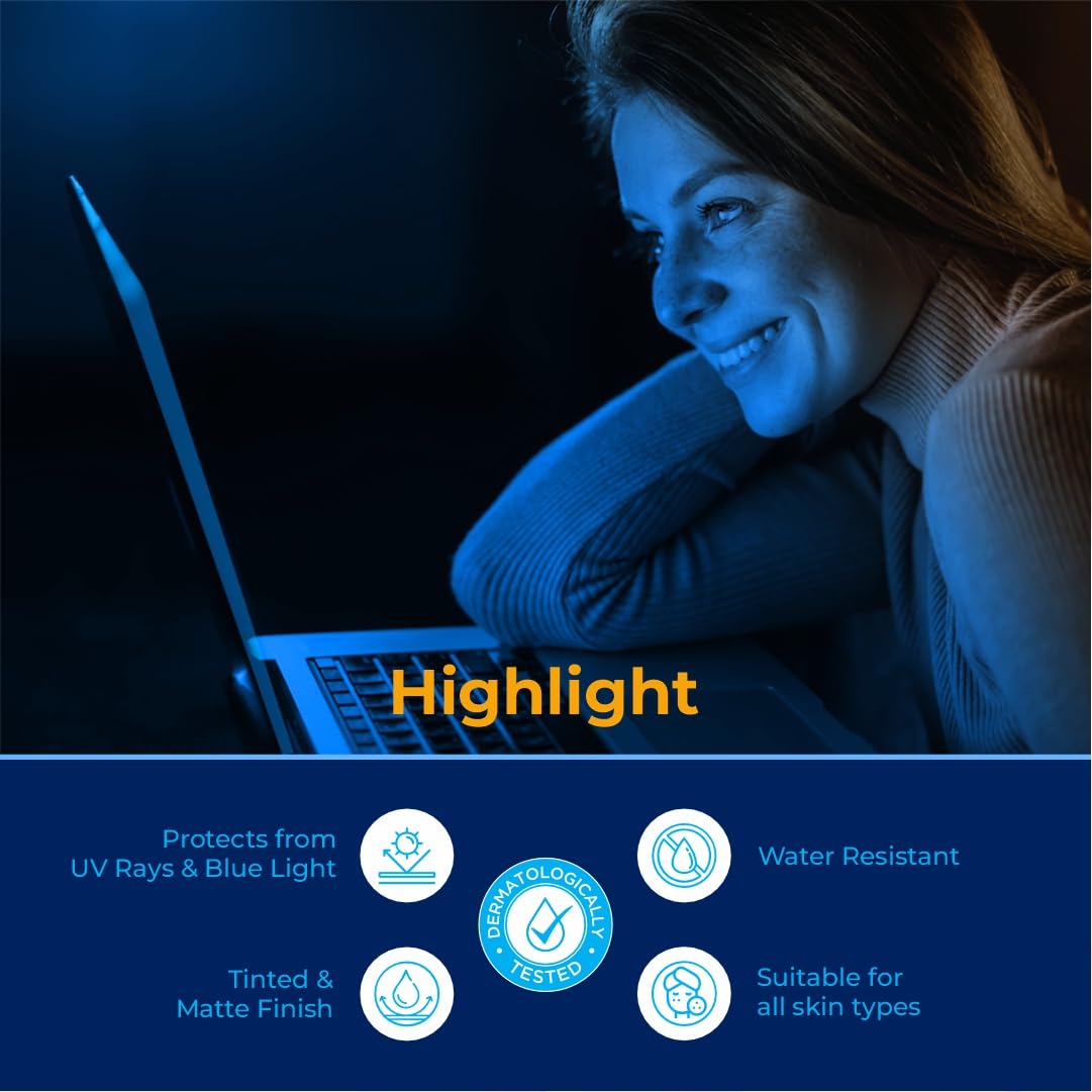 UV Doux Blue Light Tinted Sunscreen Gel SPF 50 PA+++ Broad Spectrum | UVA/UVB Protection | Matte Finish with Sweat & Water Resistant For Men & Women | Dermatologist Approved, 50gm