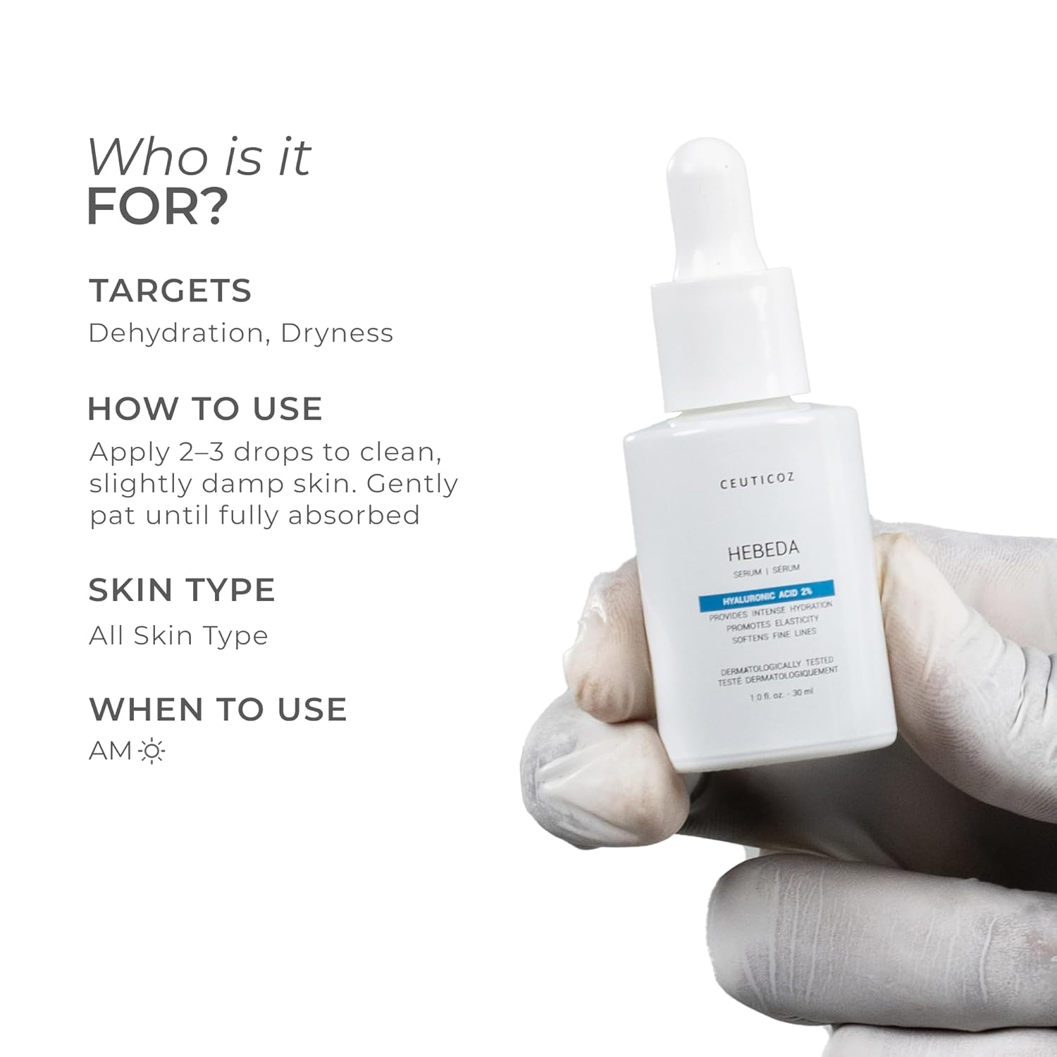 Ceuticoz Hebeda Serum | For Dehydration & Fine Lines | Provides deep hydration & improves elasticity | Hyaluronic Acid & Fructooligosaccharides | All Skin Types | 30ml