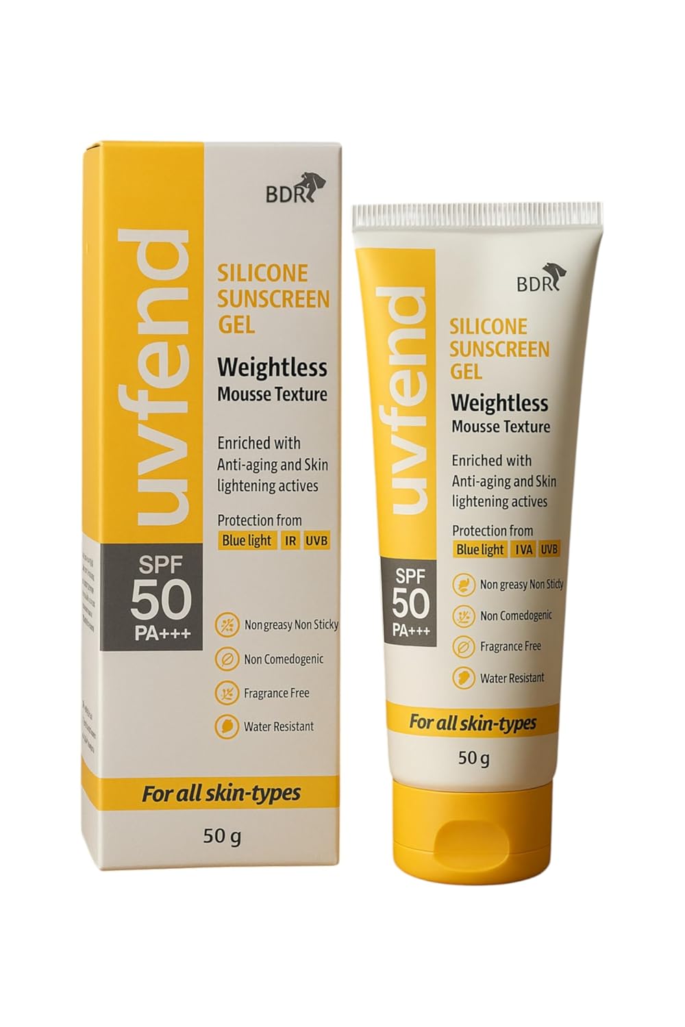 Uvfend Silicone Sunscreen Gel SPF 50 PA+++ | Weightless Mousse Texture | Anti-Aging & Skin Lightening | Blue Light, UVA & UVB Protection | 50g