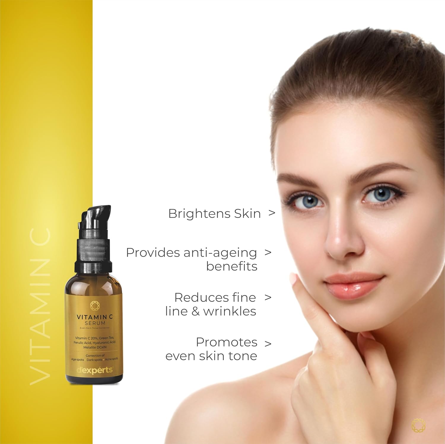 d'experts Vitamin C Serum with Green Tea, Ferulic Acid, Hyaluronic Acid | Correction of Age Spots, Dark Spots & Acne Spots | Reduces Fine Lines & Wrinkles | For All Skin Types 30ml