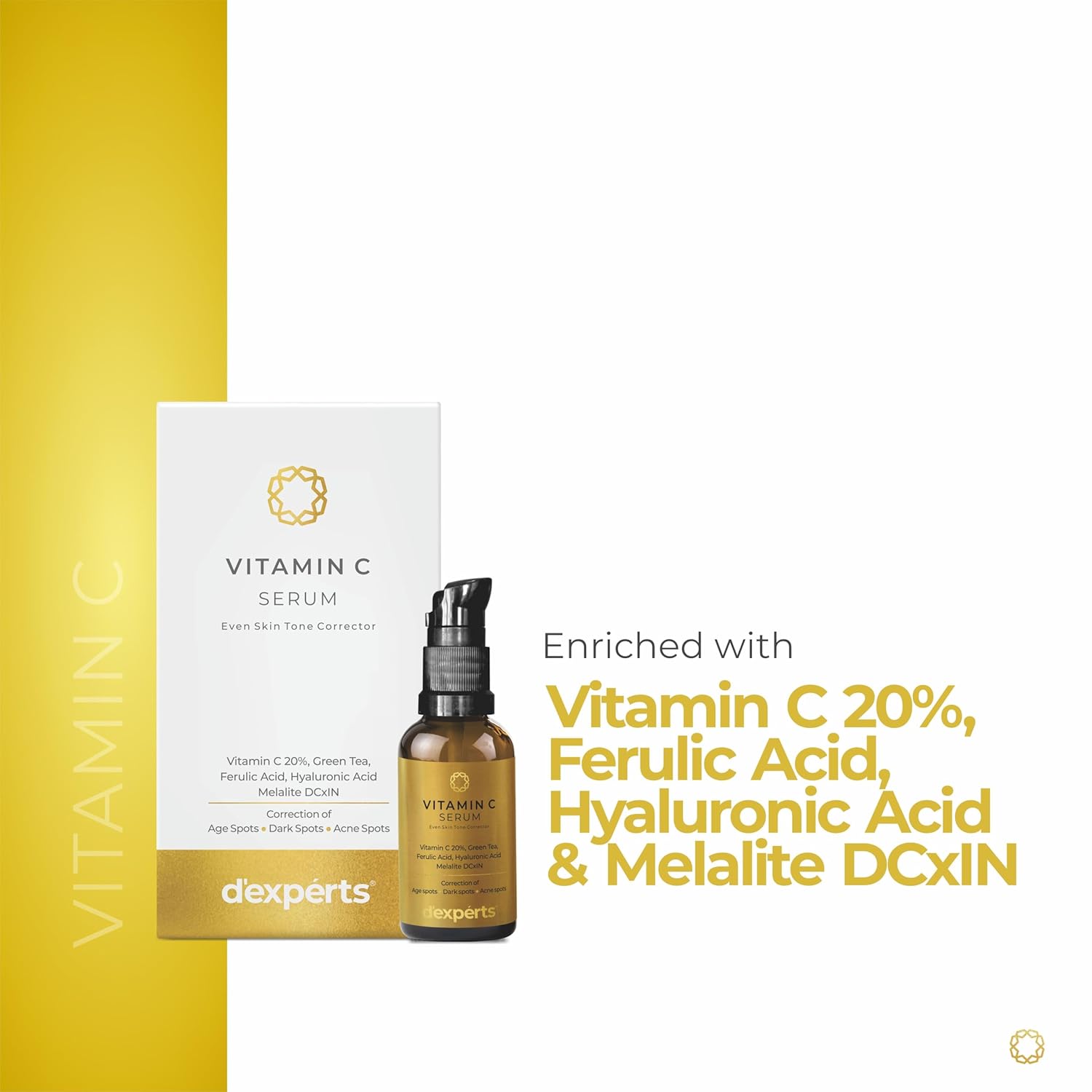 d'experts Vitamin C Serum with Green Tea, Ferulic Acid, Hyaluronic Acid | Correction of Age Spots, Dark Spots & Acne Spots | Reduces Fine Lines & Wrinkles | For All Skin Types 30ml