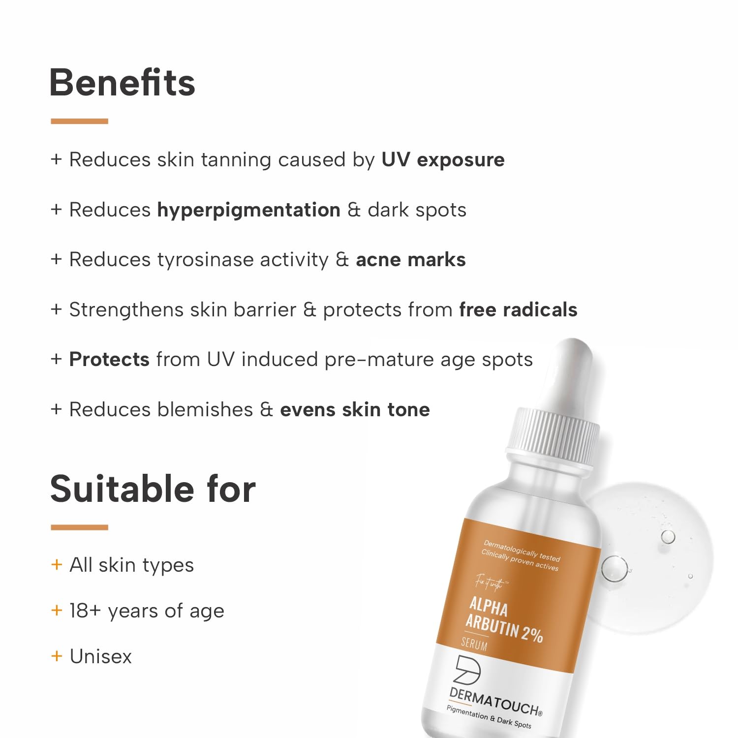 DERMATOUCH Alpha Arbutin 2% Serum | Best For Pigmentation & Dark Spots Reduction | Suitable To All Skin Types | For Both Men & Women