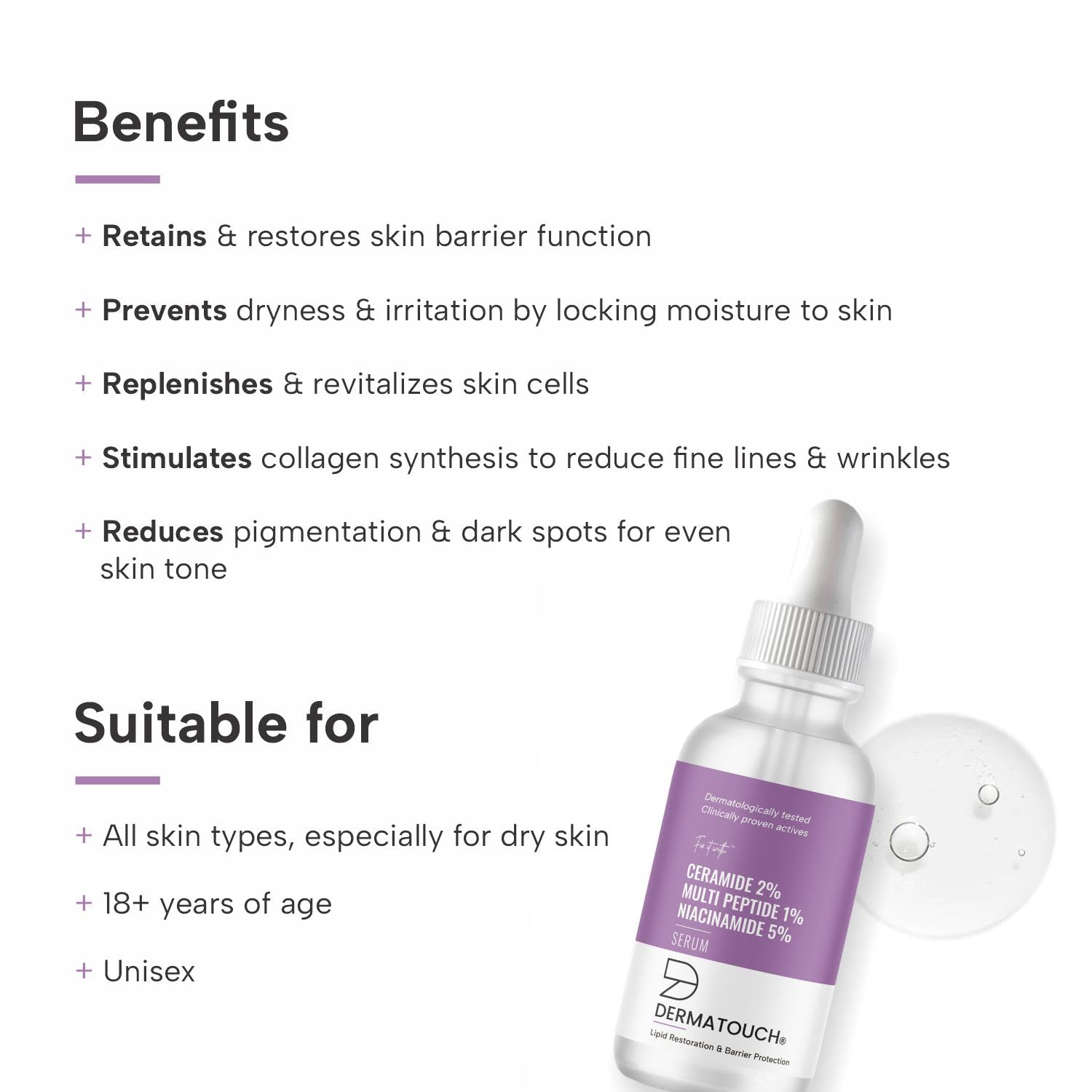 DERMATOUCH Ceramide 2% Multi Peptide 1% Niacinamide 5% Serum | For Lipid Restoration & Barrier Protection | Anti-aging Formula | Specially For Dry Skin | For Both Men & Women