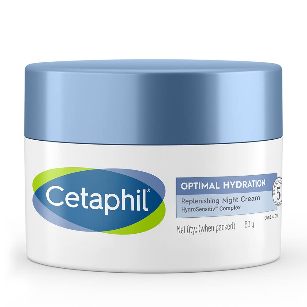Cetaphil Optimal Hydration Replenishing Night Cream, 50g | Lightweight & Fast Absorption | Hyaluronic Acid, Blue Daisy Extract, Niacinamide