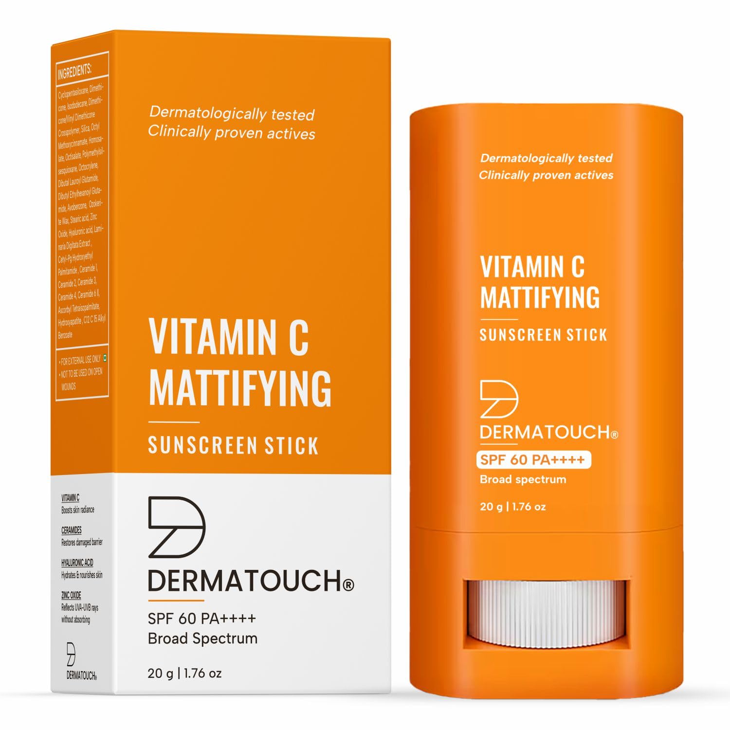 DERMATOUCH Vitamin C Mattifying Sunscreen Stick | SPF 60 PA++++ | For Brightening | Lightweight, No White Cast Sunscreen For All Skin Type | 20g