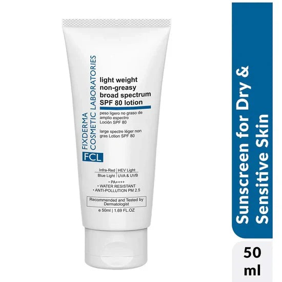 FCL Light Weight SPF 80 Sunscreen Lotion | 50 ml  for Dry Skin and Sensitive skin For Men and Women
