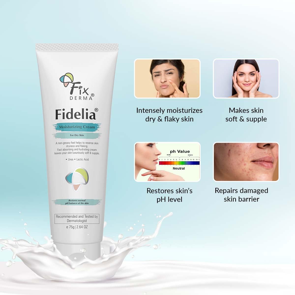 Fidelia Moisturizing cream | Daily Moisturizer for Dry & chapped skin | Provides Hydration and Moisturization, Non-Comedogenic & Non-Greasy formulation - 75 gm ( Pack of 2 )