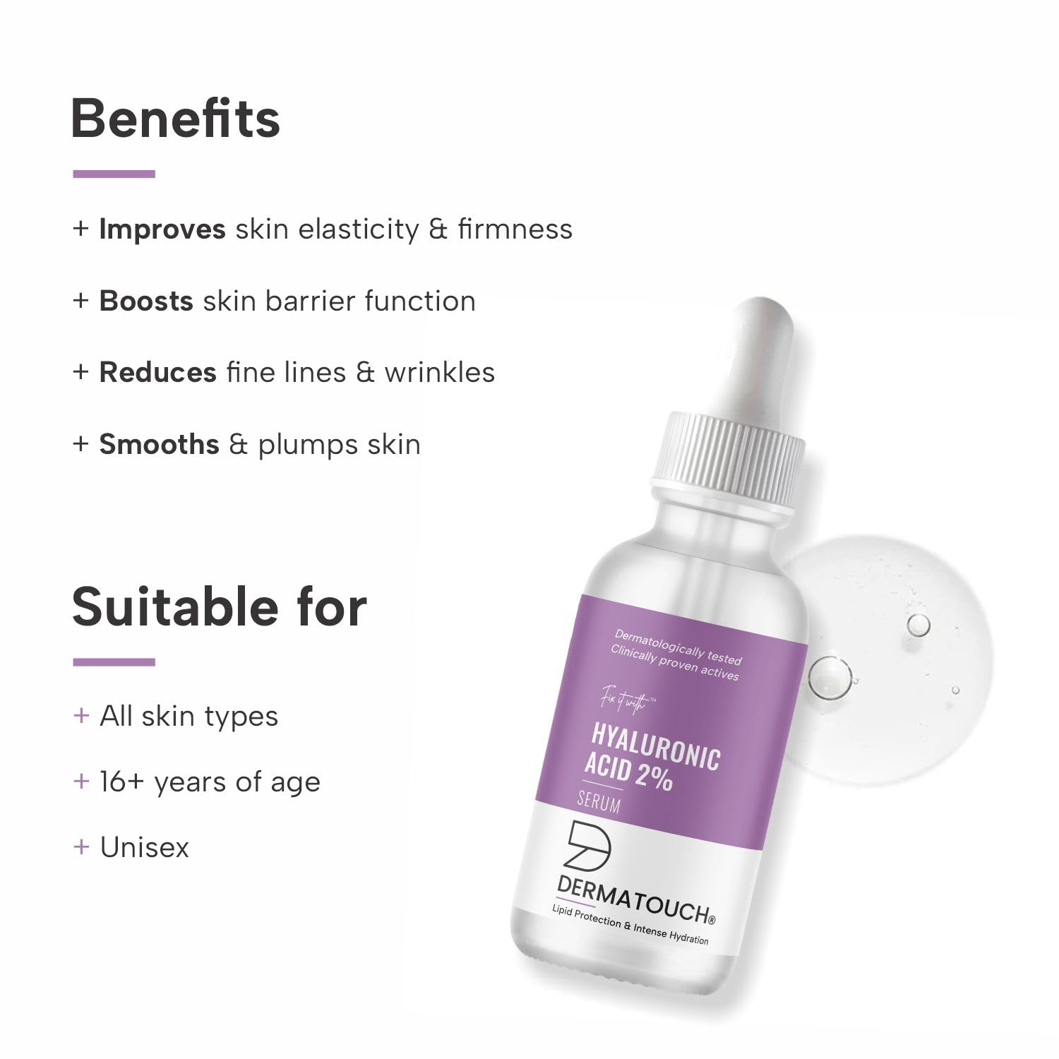 DERMATOUCH Hyaluronic Acid 2% Serum | For intense Hydration, Glowing Skin | Specially for Dry Skin | For both Men & Women