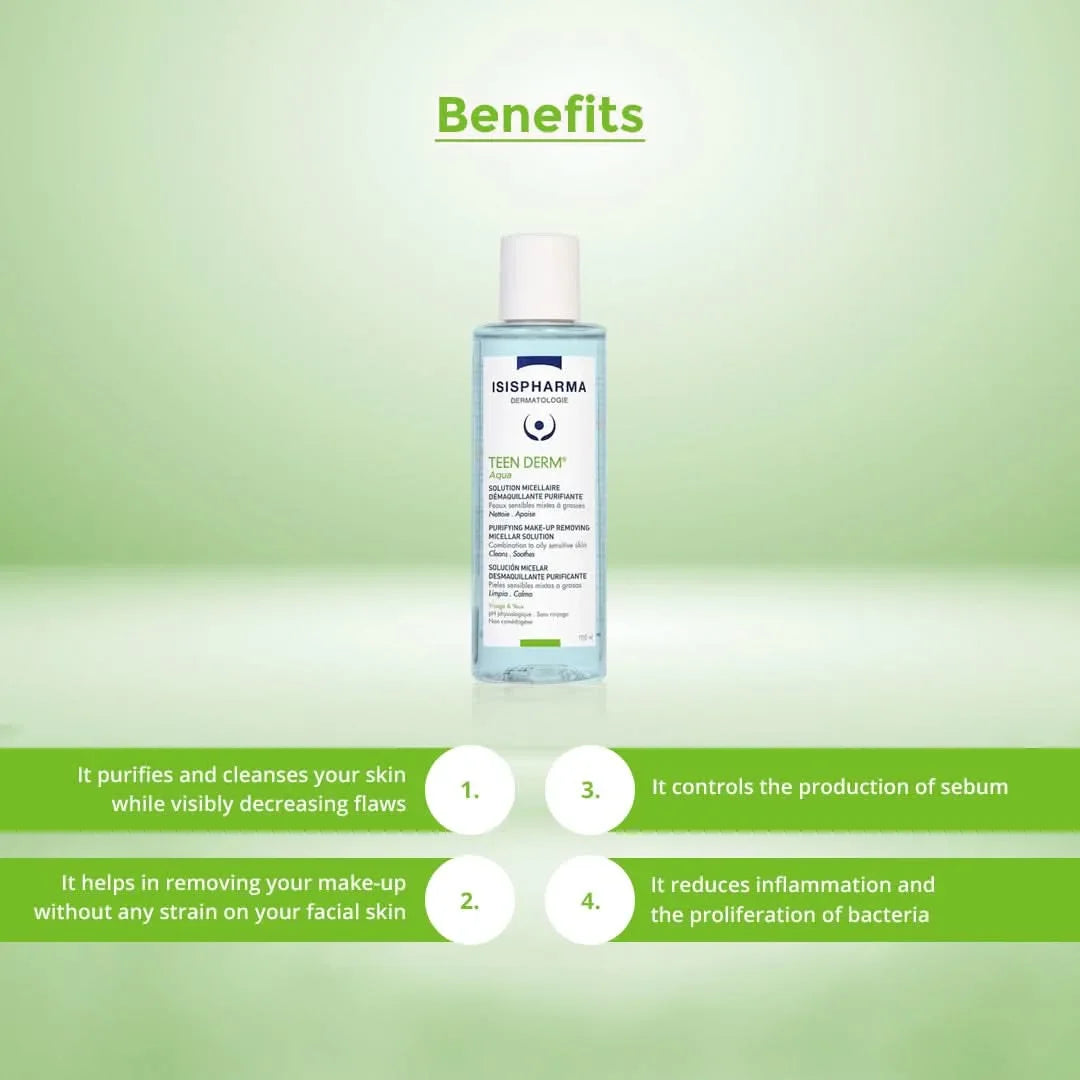 Isispharma Teenderm Aqua Micellar Solution for Anti-Blemish Cleansing for Sensitive Skin, Combination to Oily Skin – With Zinc and Boswellia Extract
