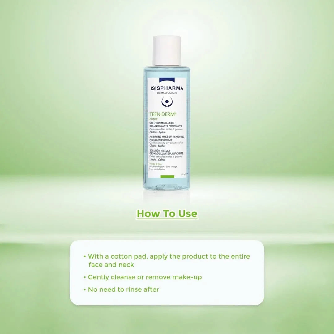 Isispharma Teenderm Aqua Micellar Solution for Anti-Blemish Cleansing for Sensitive Skin, Combination to Oily Skin – With Zinc and Boswellia Extract