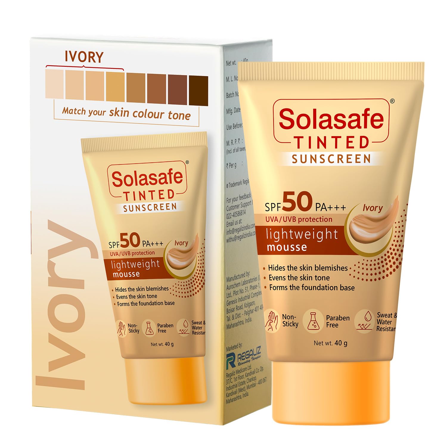 Regaliz Solasafe Tinted Sunscreen SPF 50 | Broad Spectrum Sun Protection & Skin Tone Corrector | Lightweight Formula | Suitable for All Skin Types | - Skiynse Dermatologique