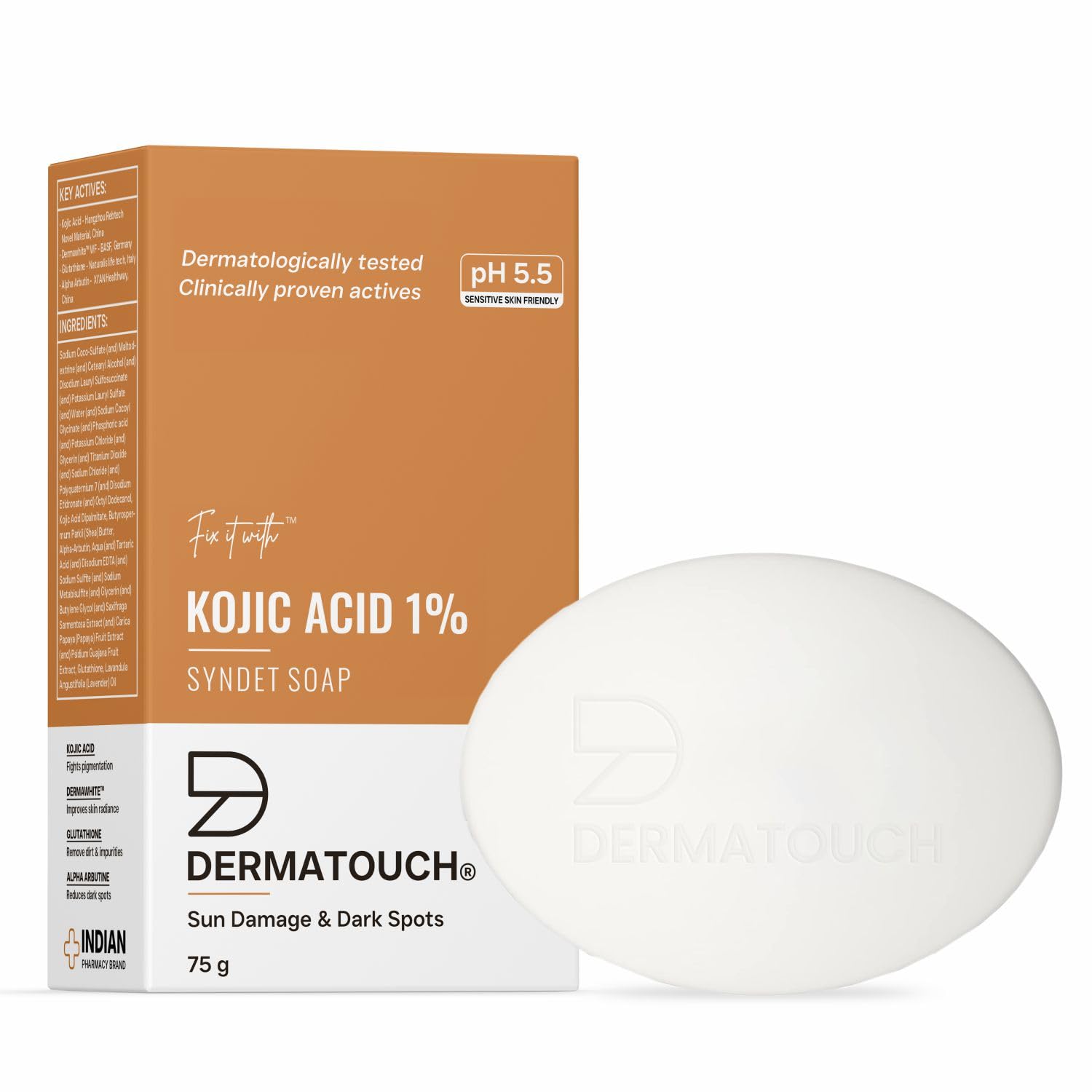 DERMATOUCH Kojic Acid 1% Soap with Glutathione | For Pigmentation & Sun damage | Soap for Men & Women | Suitable for All Skin Types | 75g ( Pack of 3)