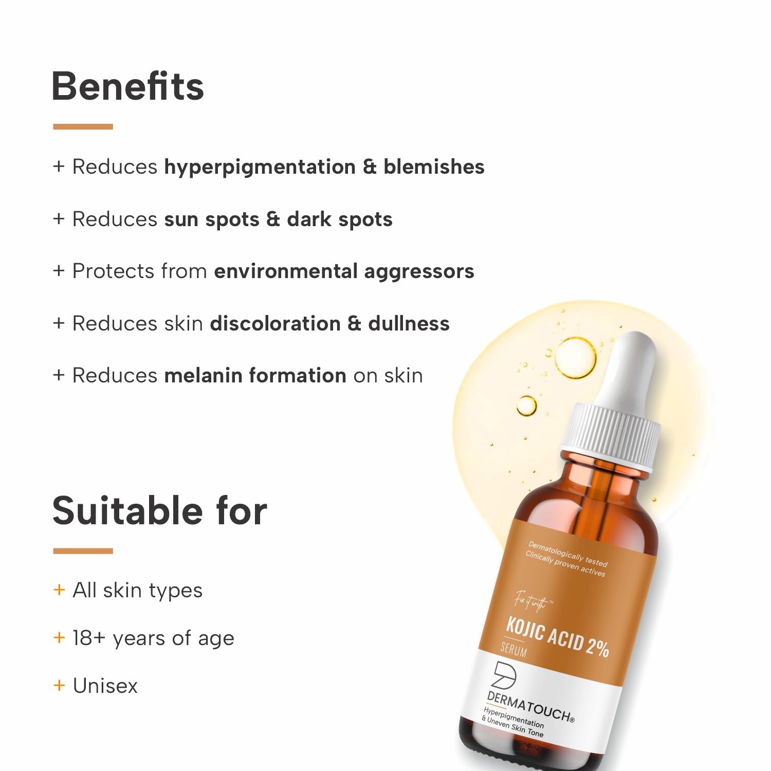 DERMATOUCH Kojic Acid 2% Serum | Best for Hyperpigmentation, Uneven Skin Tone & Dark Spots | For Both Men & Women
