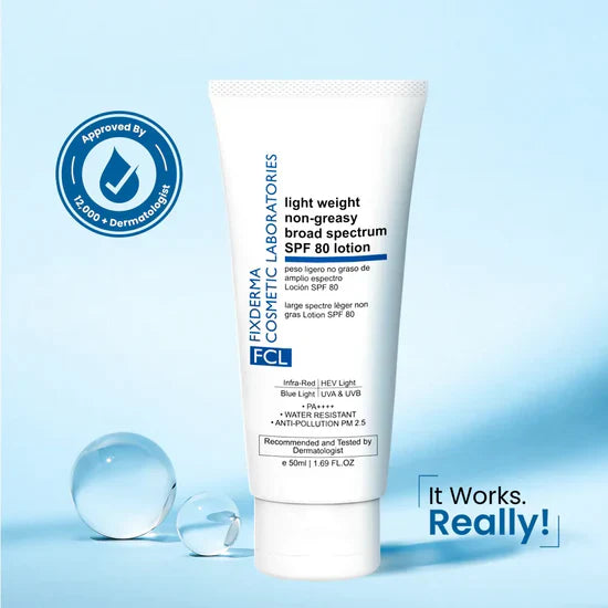 FCL Light Weight SPF 80 Sunscreen Lotion | 50 ml  for Dry Skin and Sensitive skin For Men and Women