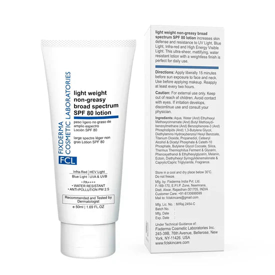 FCL Light Weight SPF 80 Sunscreen Lotion | 50 ml  for Dry Skin and Sensitive skin For Men and Women