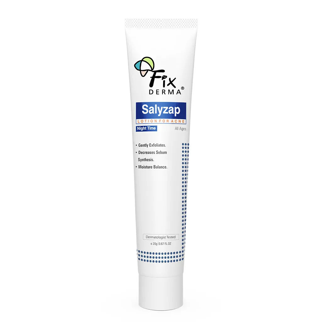 Fixderma Salyzap Lotion Night time, with Salicylic Acid Helps in Moisture Balance, For acne scars, pimples, Unclogs pores, Exfoliator, Soothes redness, Suitable for Oily and Acne-Prone skin, 20ml ( Pack of 2 )