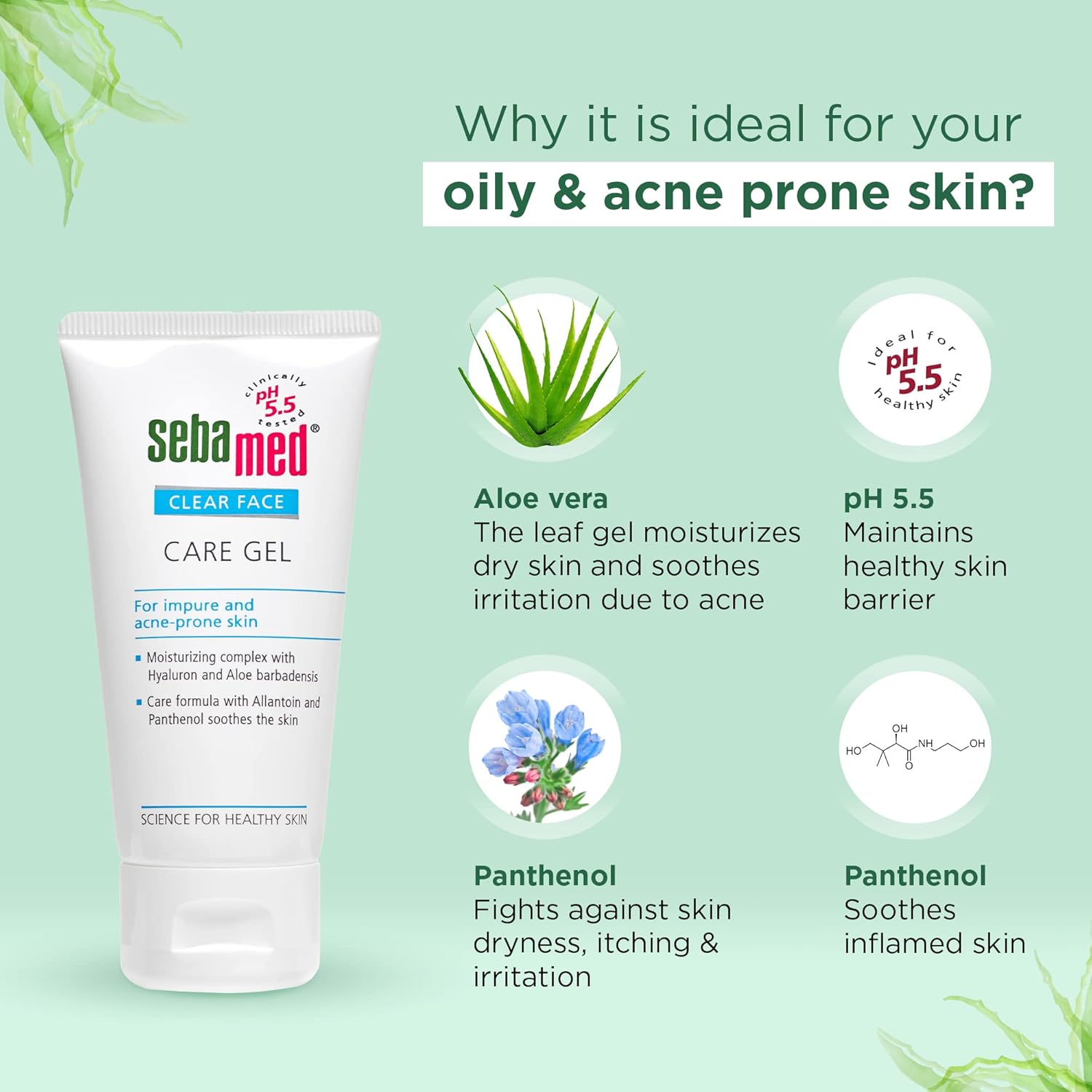 Sebamed Clear Face Care Gel , 50 ml | pH 5.5  |Acne/ pimple prone skin|Hyaluronic acid & Aloe Vera|Water based Moisturiser | non sticky l Toxin free