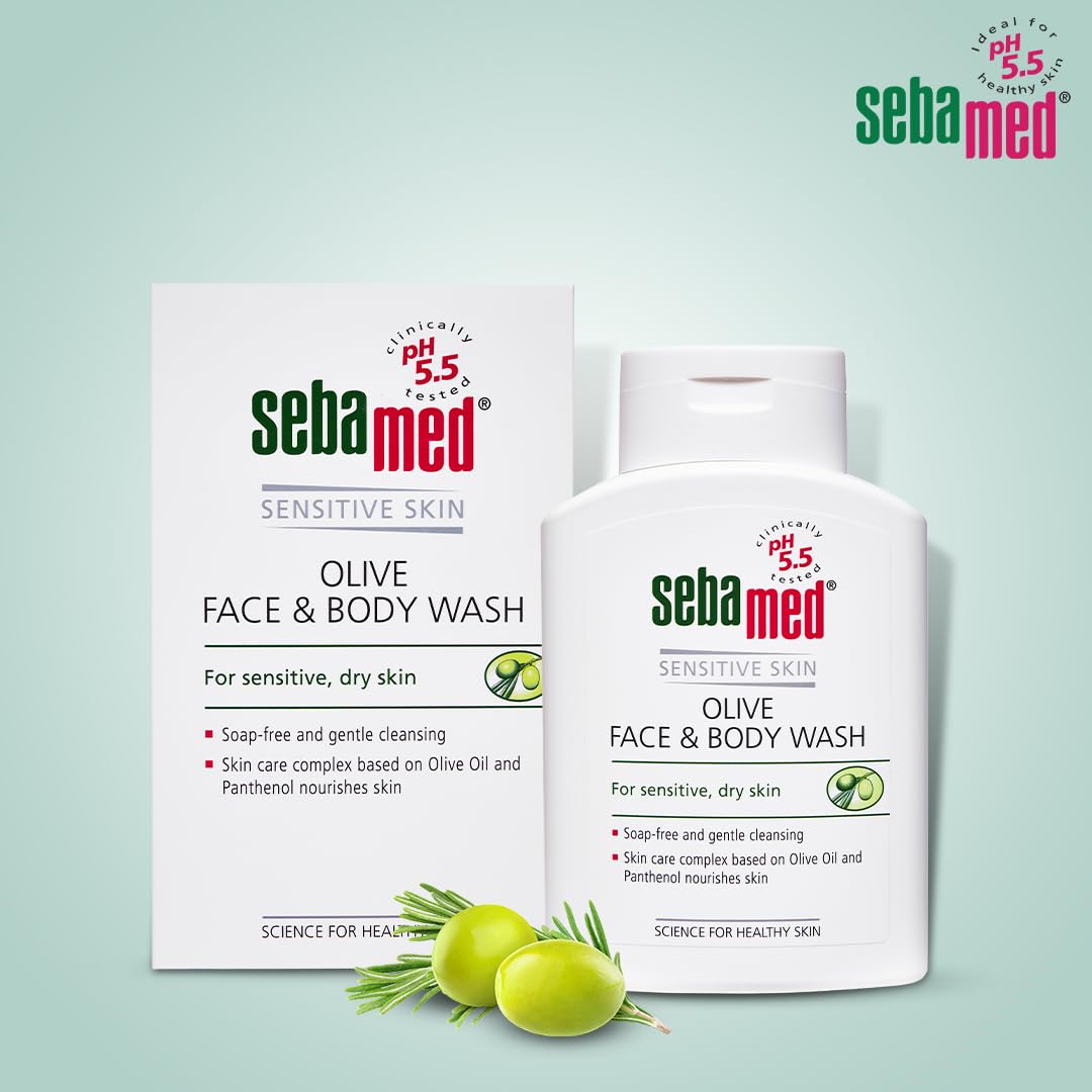 Sebamed Olive Face & Body Wash, Extra Mild For Sensitive, Dry Skin, Ph 5.5, Soap Free, Gentle Cleansing, Olive Oil + Panthenol Nourishes Skin, Dermatologically & Clinically Tested, 200 ml